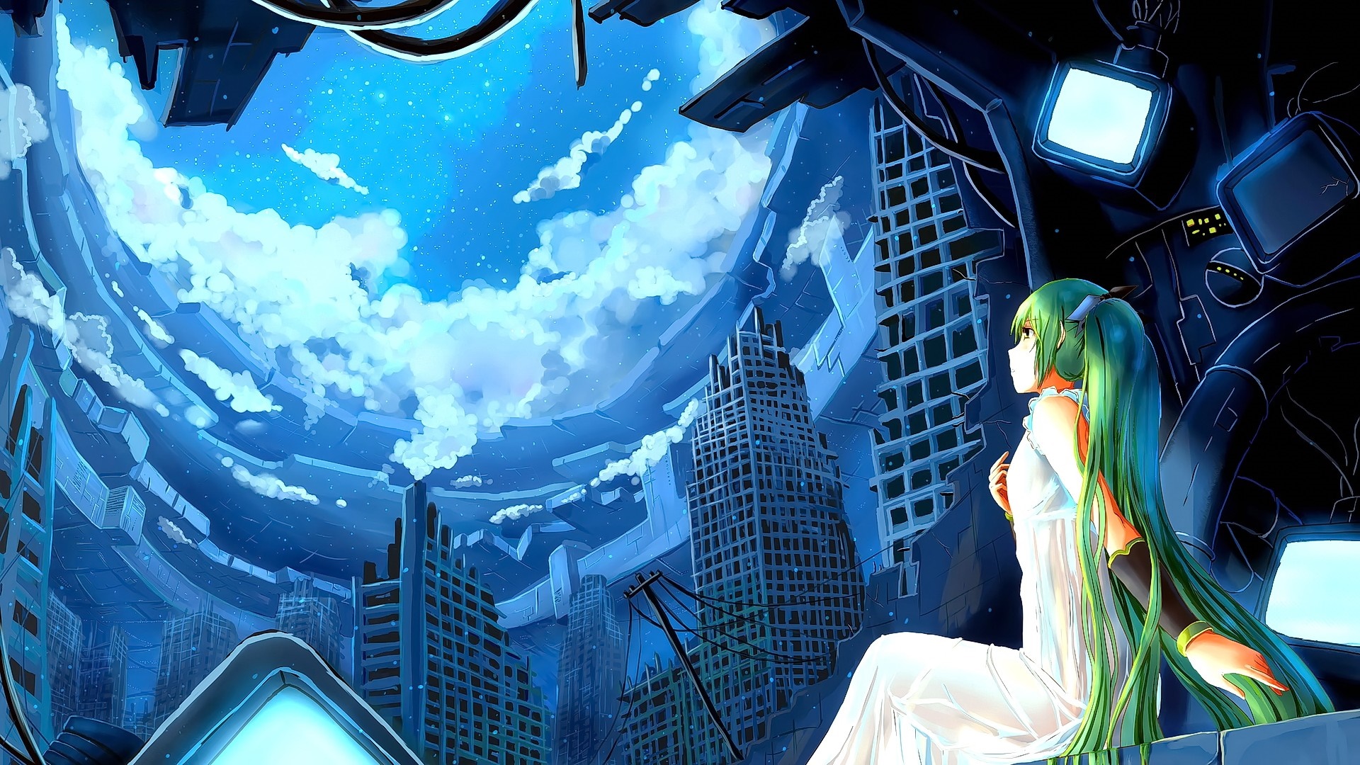 Hatsune Miku in a ruined futuristic city HD Wallpaper