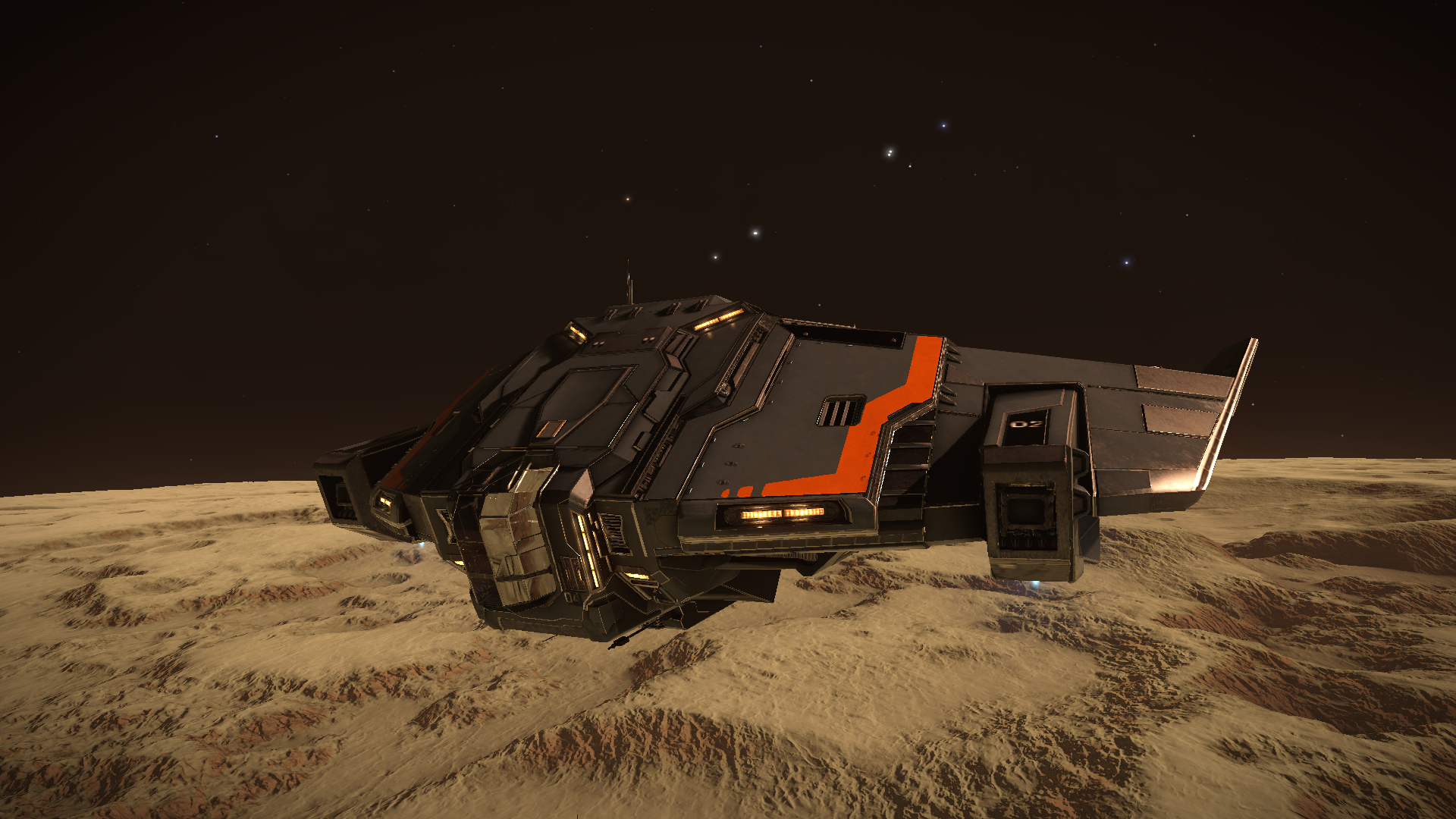 Anaconda ship from Elite Dangerous on a rocky planet HD Wallpaper