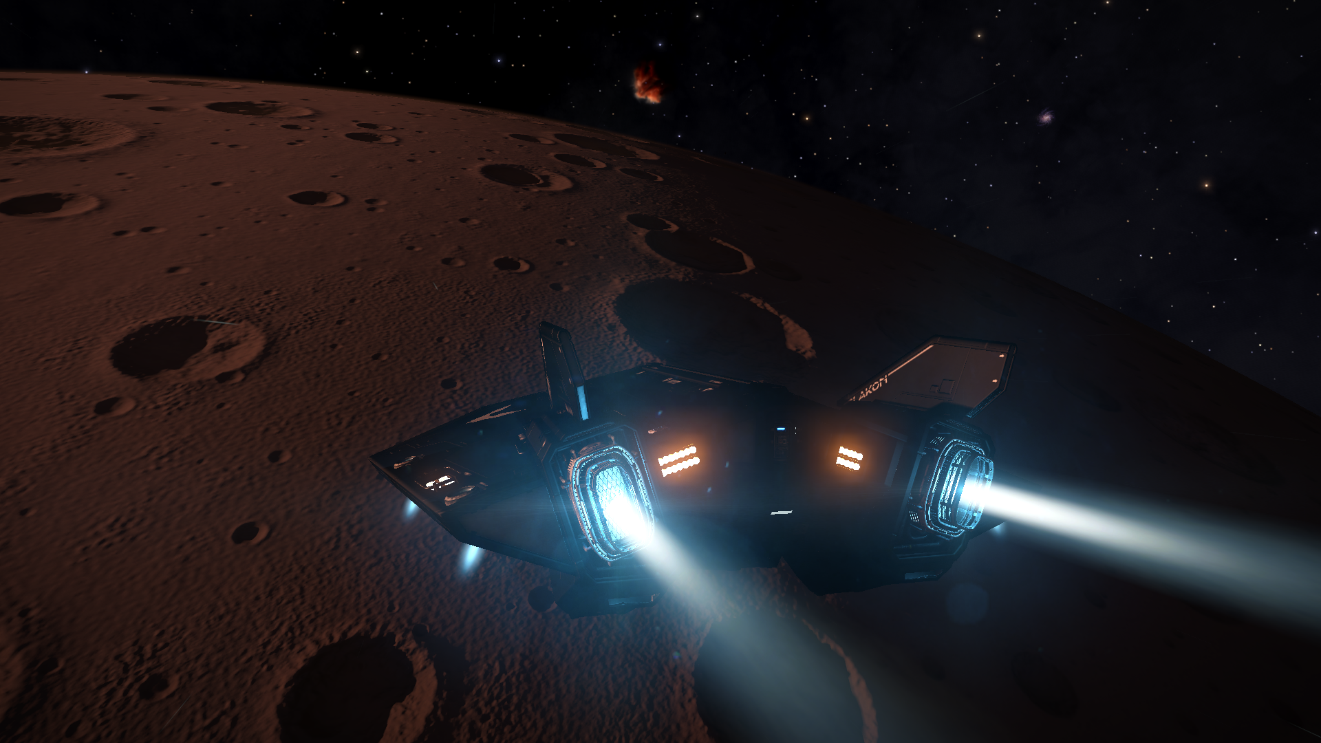 Spaceship flying over a cratered planet in Elite Dangerous HD Wallpaper