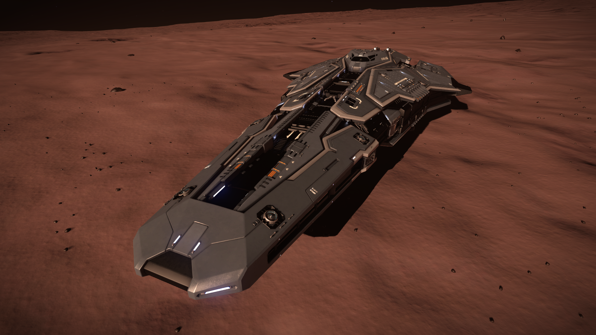 Anaconda ship from Elite Dangerous on a planet surface HD Wallpaper