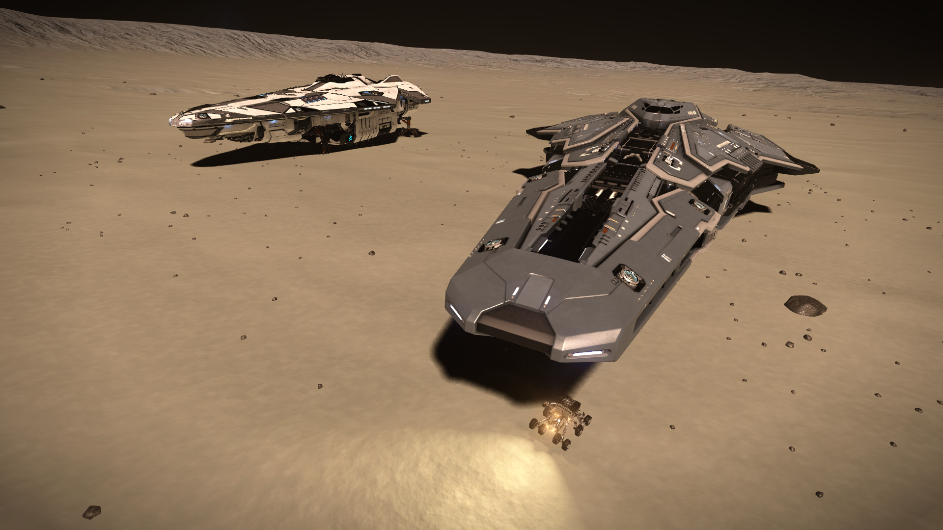 Two spaceships and a rover on a barren planet in Elite Dangerous HD Wallpaper