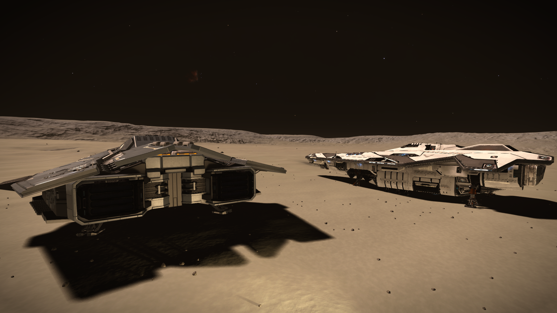 Two spaceships on a desolate planet in Elite Dangerous HD Wallpaper