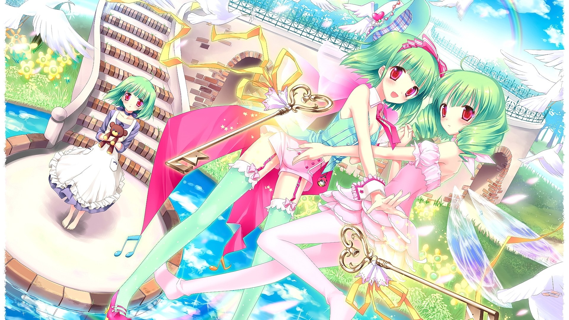 Anime girls with green hair and keys HD Wallpaper