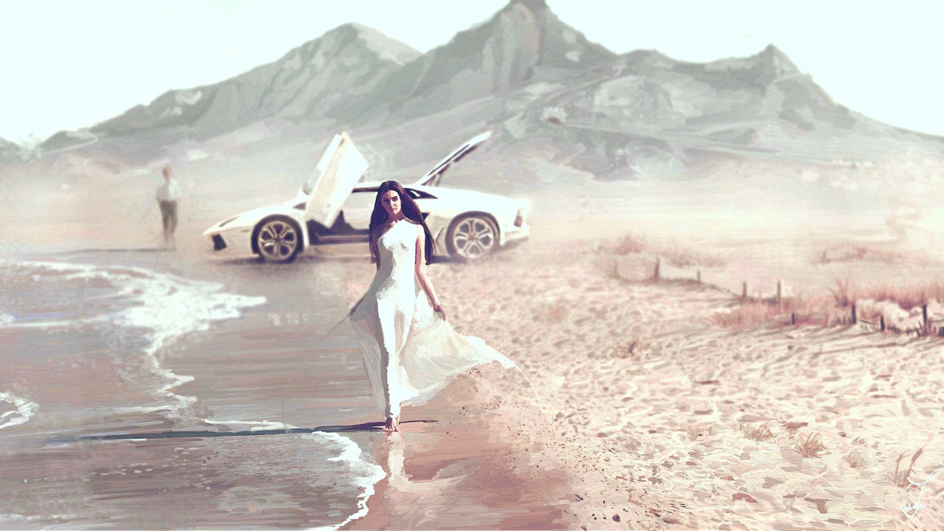 Woman in white dress on beach with Lamborghini and mountains HD Wallpaper
