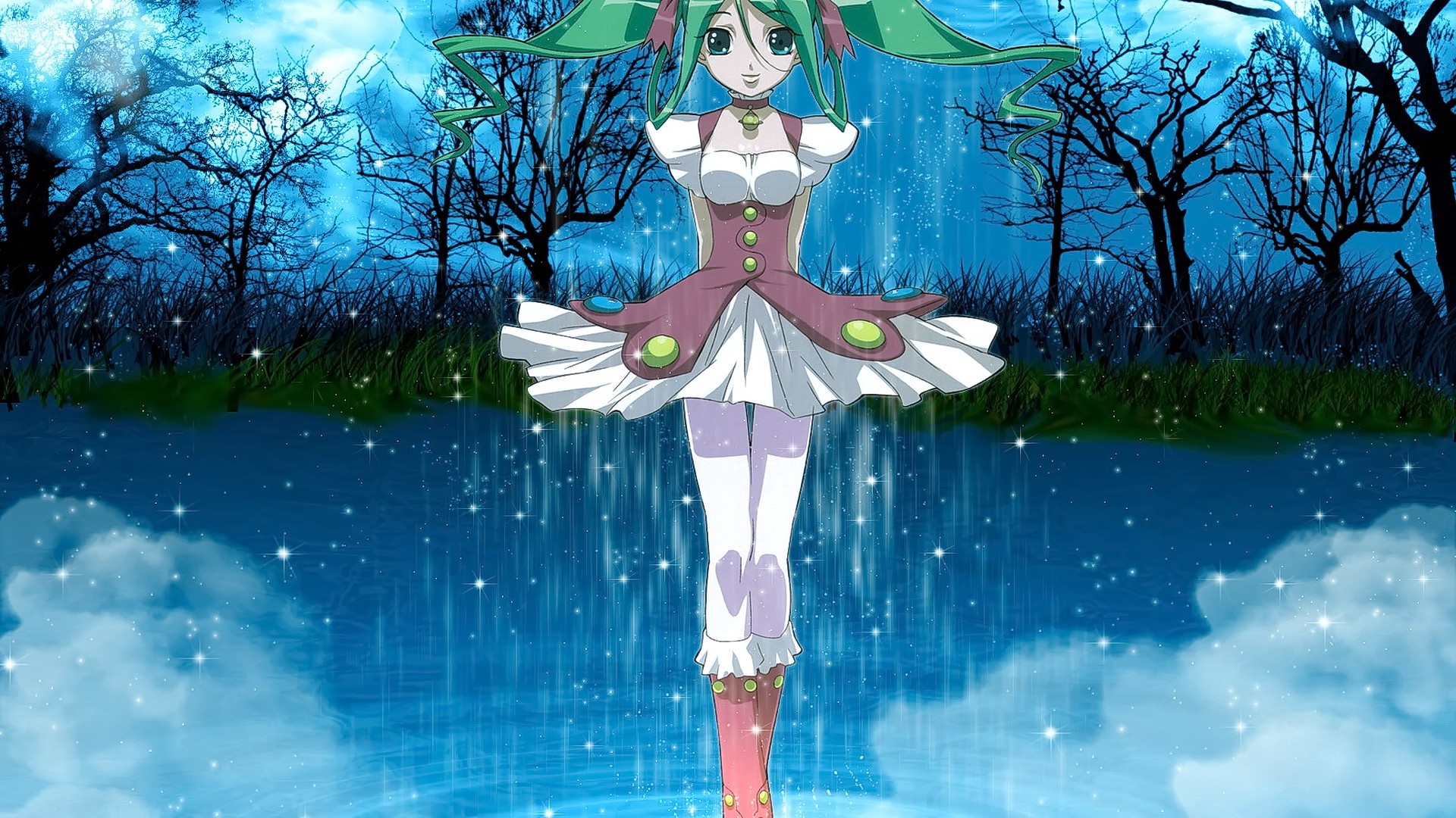 Anime girl with green hair and green eyes in a blue forest HD Wallpaper