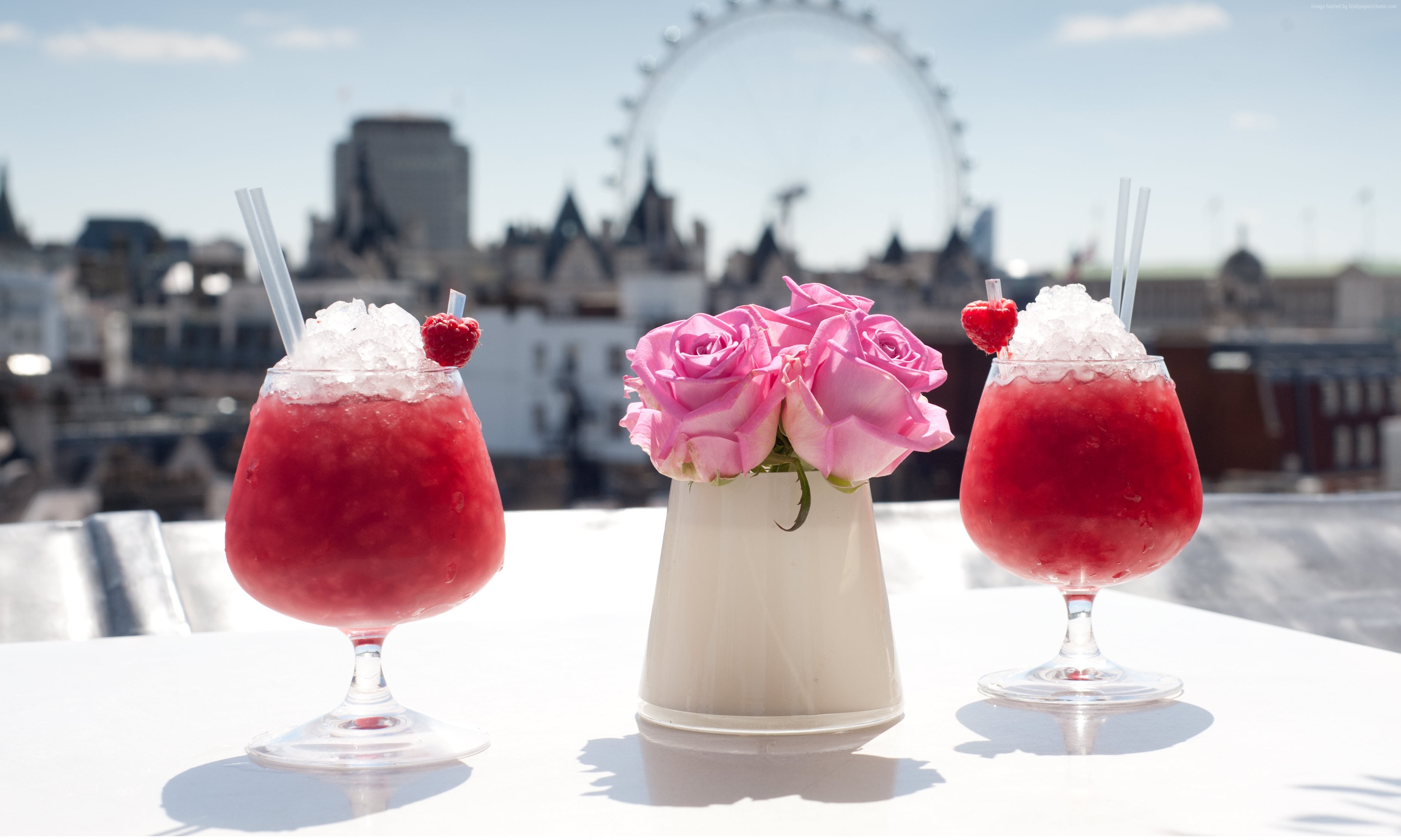 ice, cocktails, strawberries, Bacardi, flowers, London, raspberries HD Wallpaper