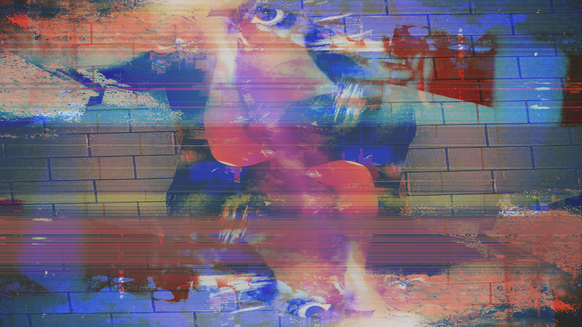 Abstract glitch art with human face and brick wall HD Wallpaper