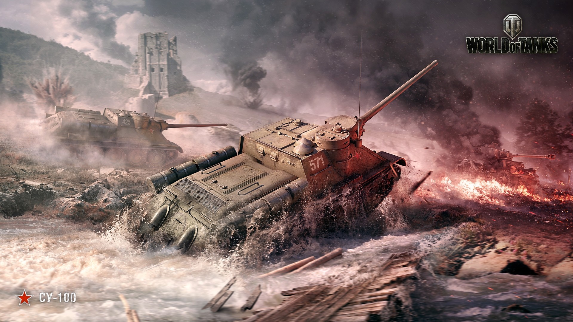 SU-100 tanks in combat in World of Tanks HD Wallpaper
