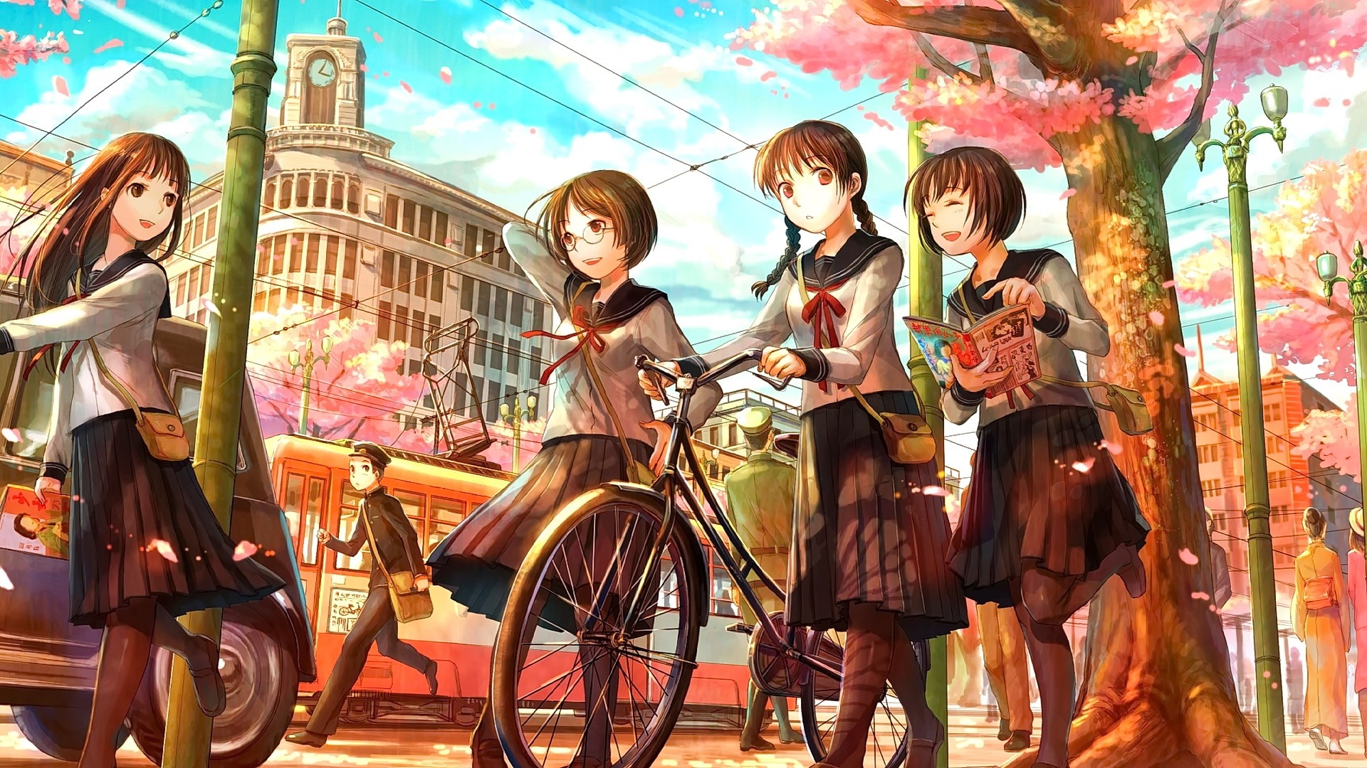 Anime girls in school uniforms with a bicycle in a city HD Wallpaper