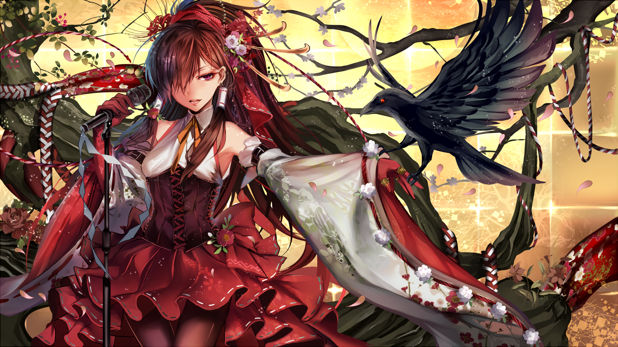 Anime girl with crow and microphone HD Wallpaper