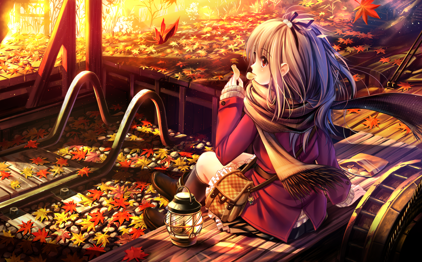 Anime girl sitting on train tracks in autumn HD Wallpaper