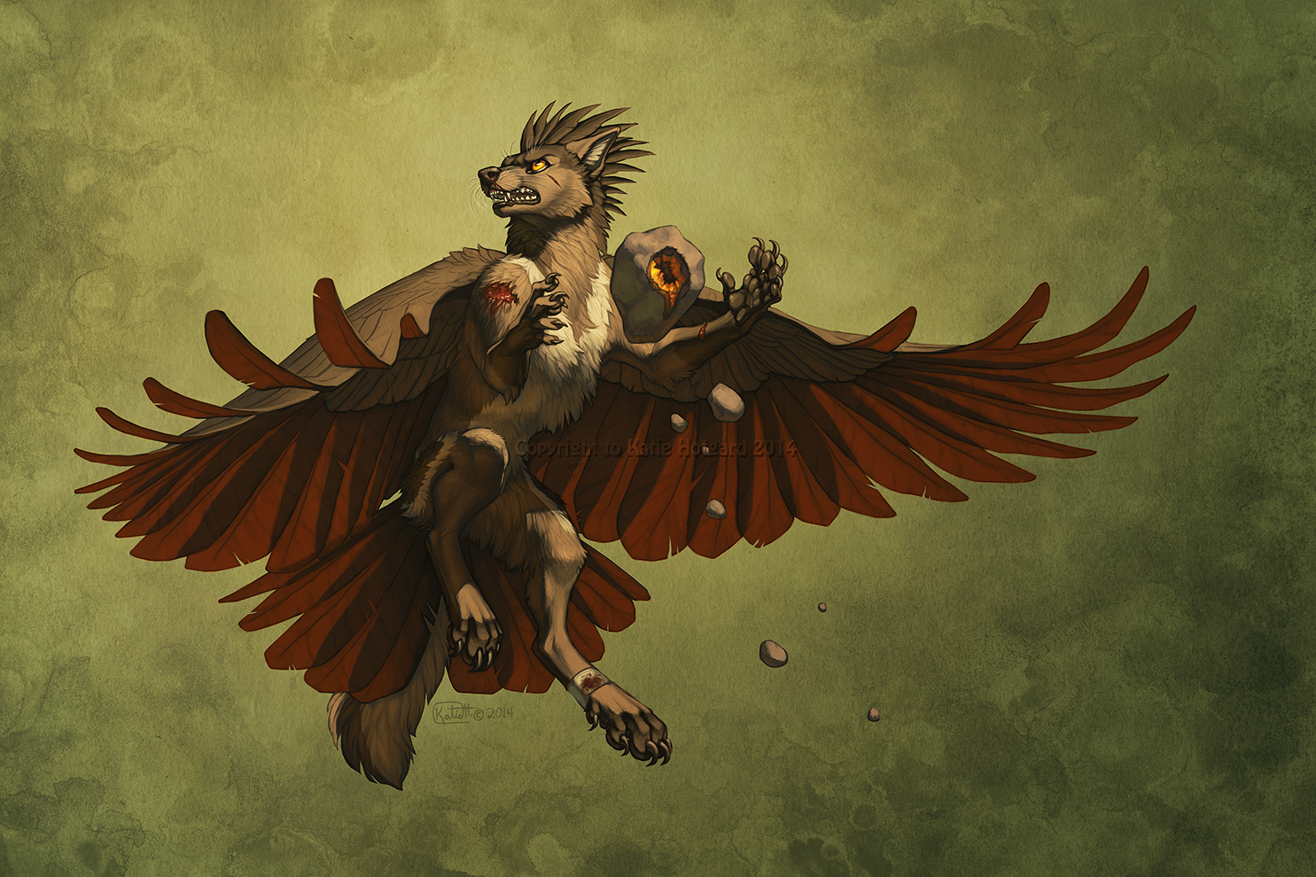 Mythological winged wolf creature holding a fiery rock HD Wallpaper
