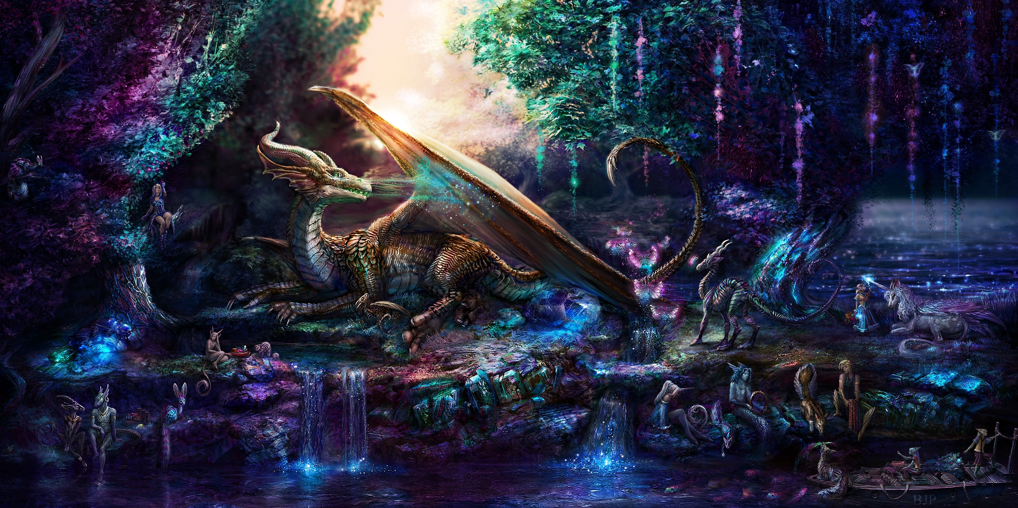 Fantasy art of a dragon in a magical forest HD Wallpaper