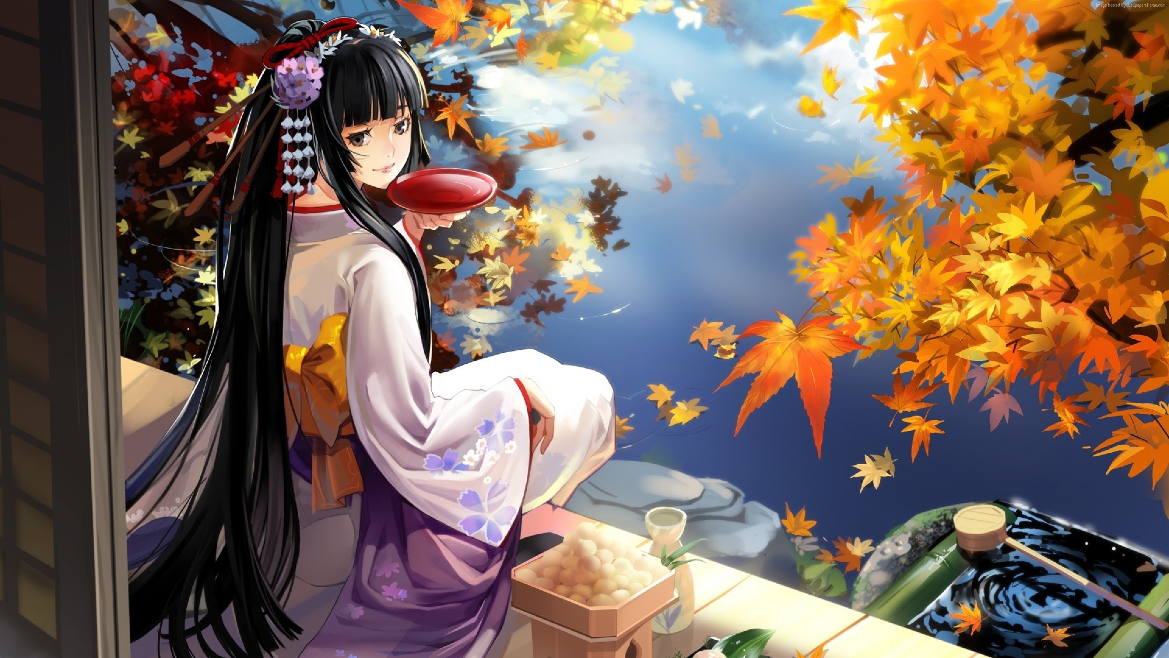 Anime girl in kimono with autumn leaves HD Wallpaper