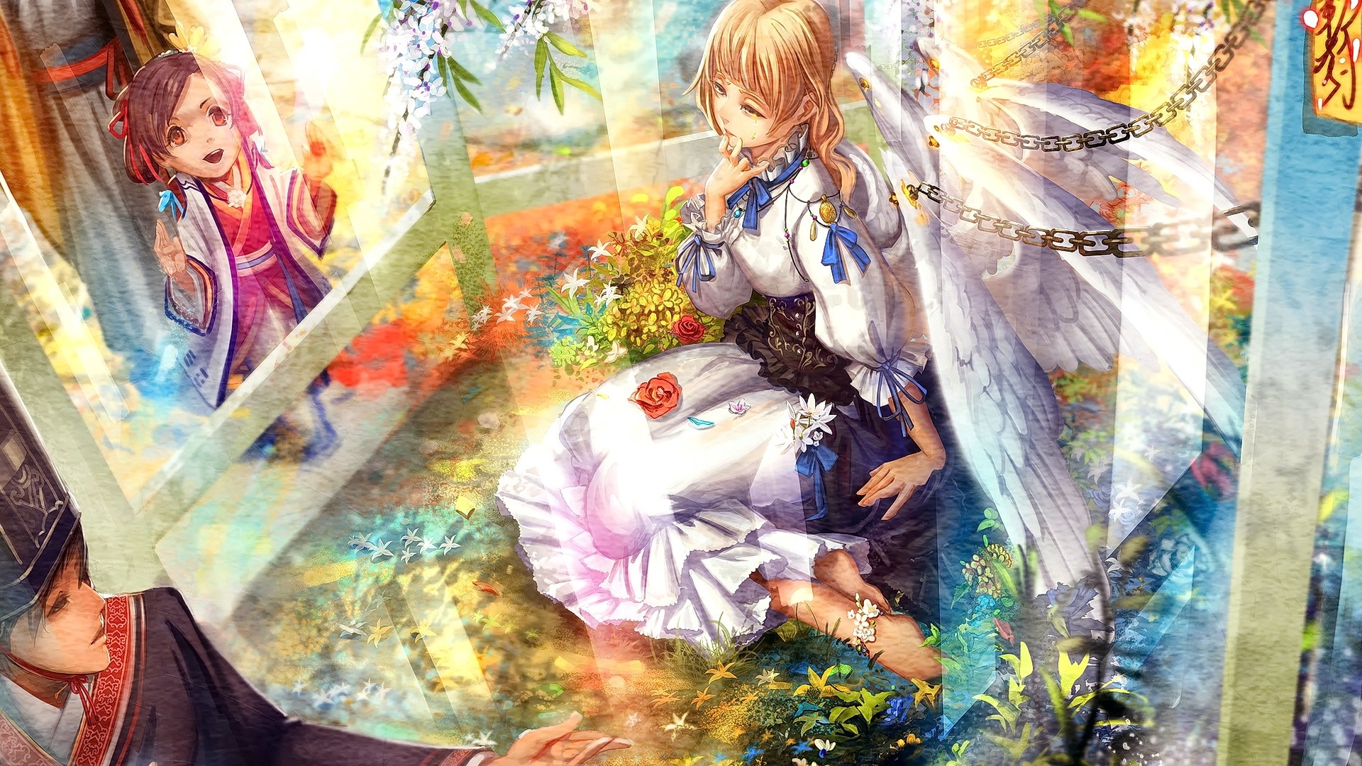 Anime collage with winged girl and children HD Wallpaper