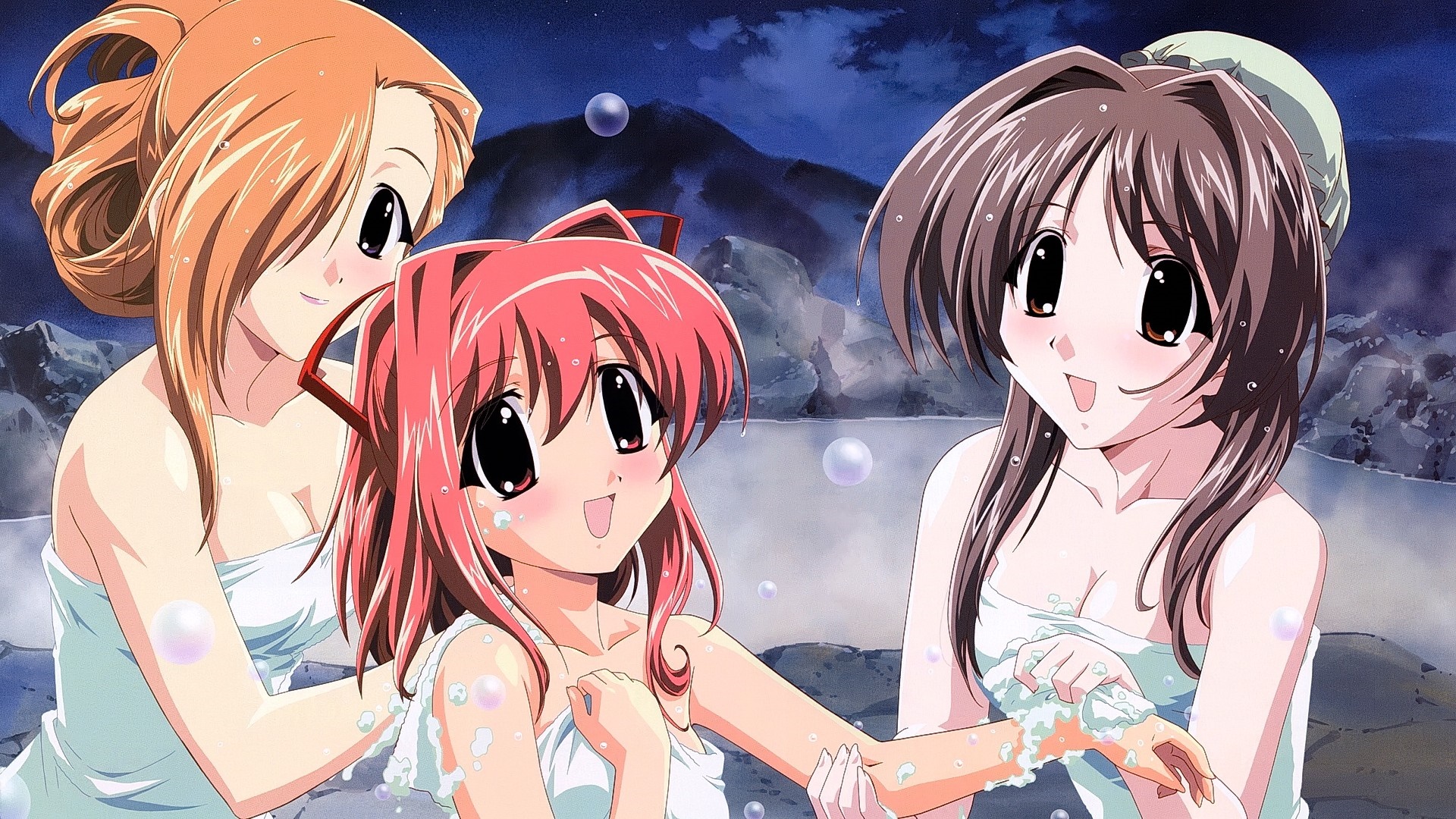 Three anime girls in a hot spring HD Wallpaper