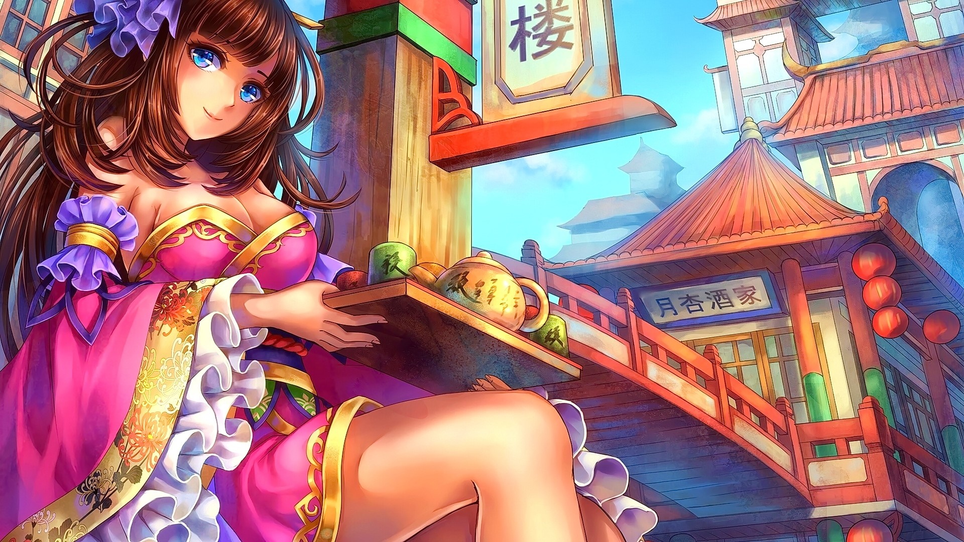 Anime girl in pink kimono serving tea in traditional Japanese town HD Wallpaper
