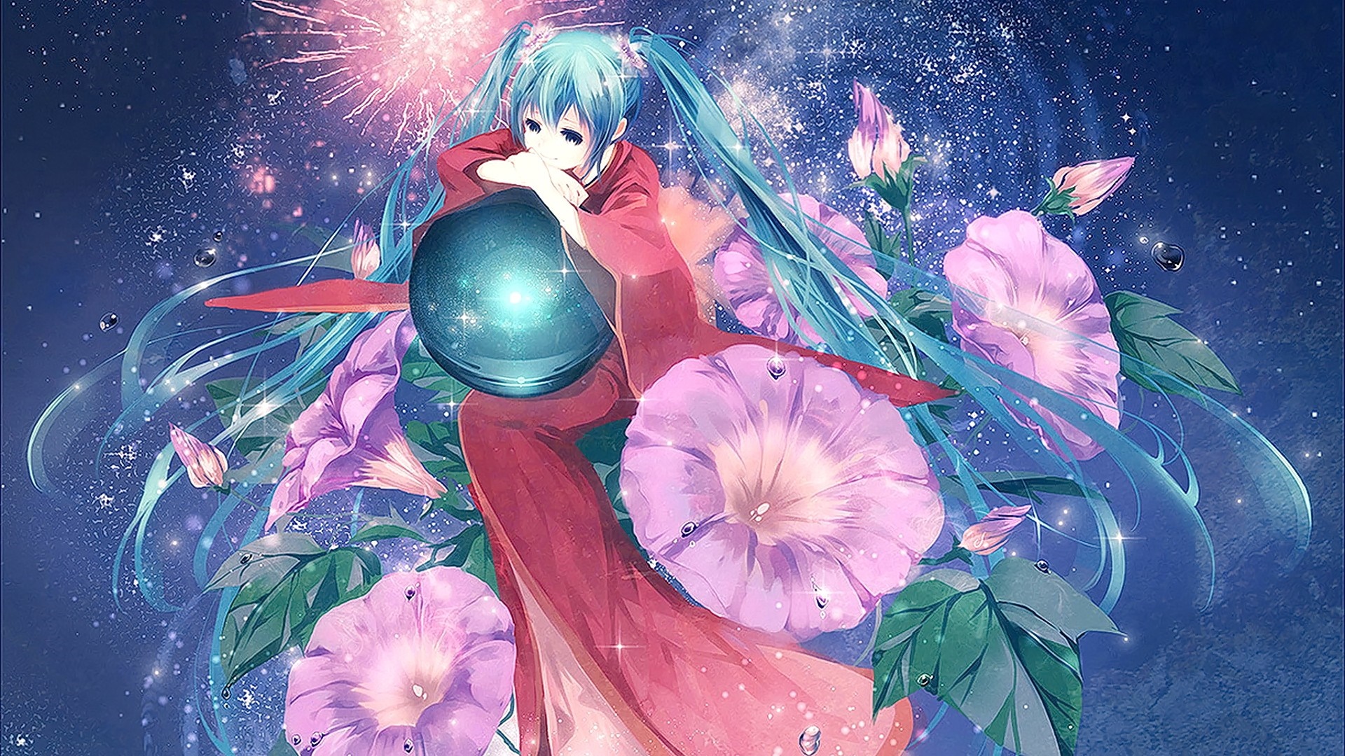 Hatsune Miku with Flowers and Fireworks HD Wallpaper