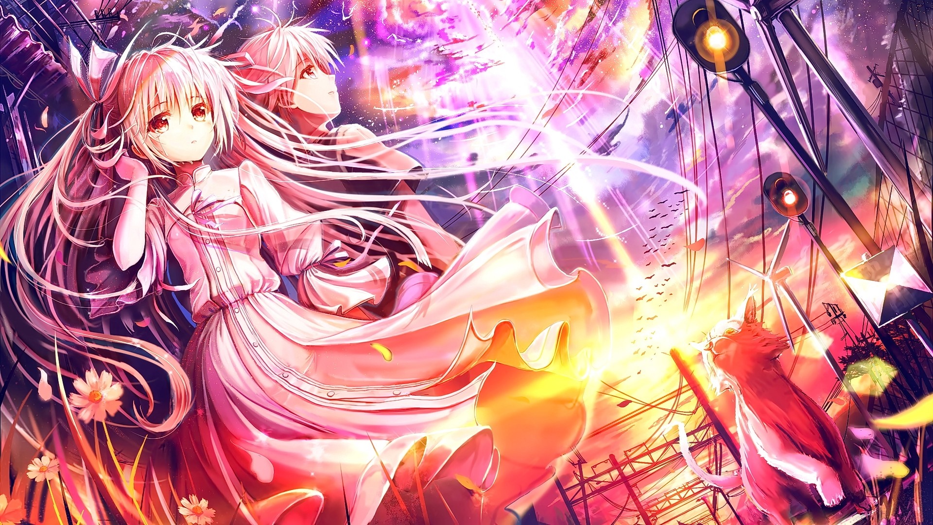 Anime girl with pink hair and a boy with a cat HD Wallpaper