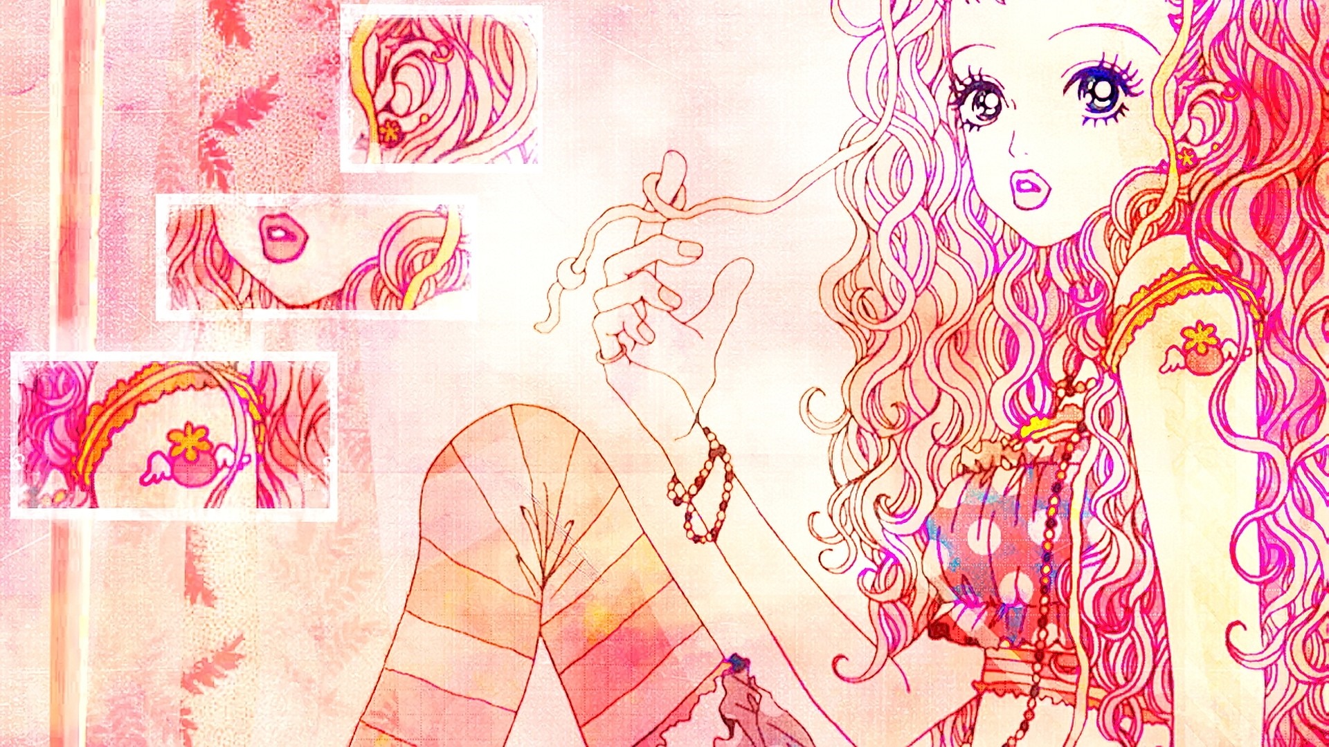 Anime girl with long curly hair and pink background HD Wallpaper