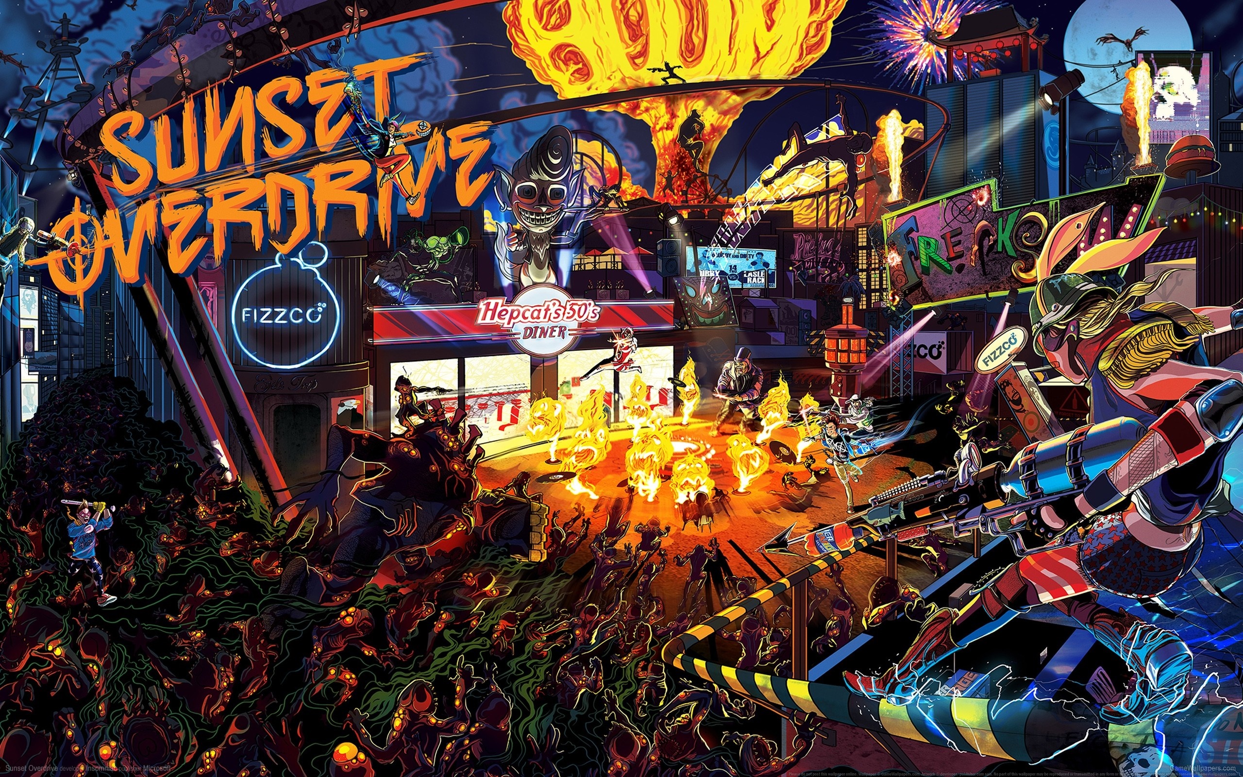 Sunset Overdrive game art with mutants and explosions HD Wallpaper