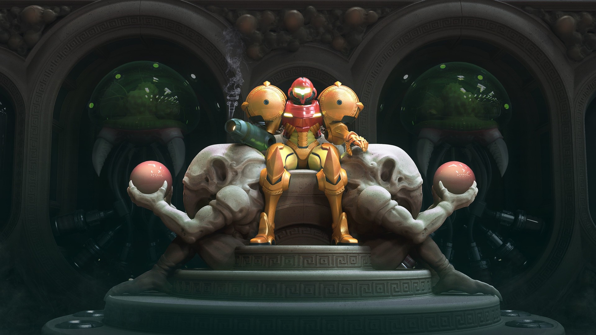 Samus Aran from Metroid sitting on a throne with statues HD Wallpaper