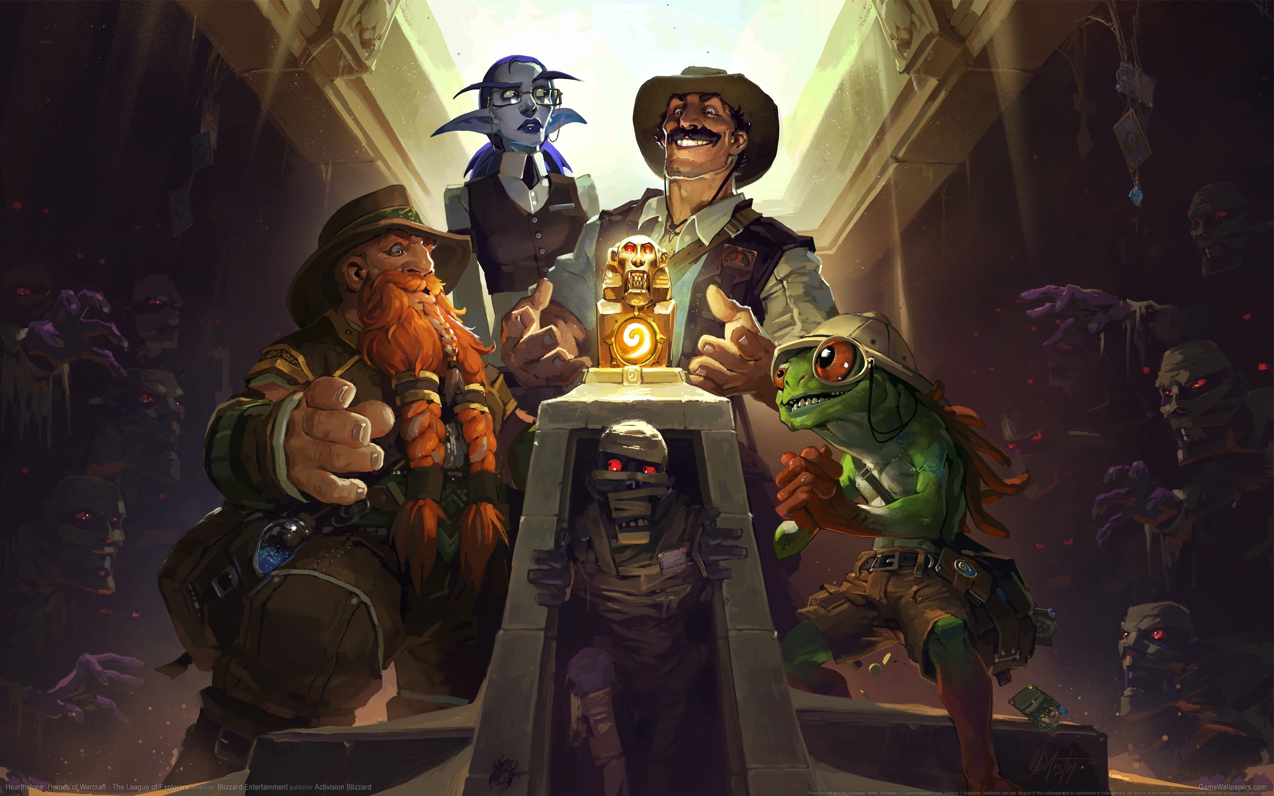 Hearthstone characters discover an ancient artifact guarded by a mummy HD Wallpaper