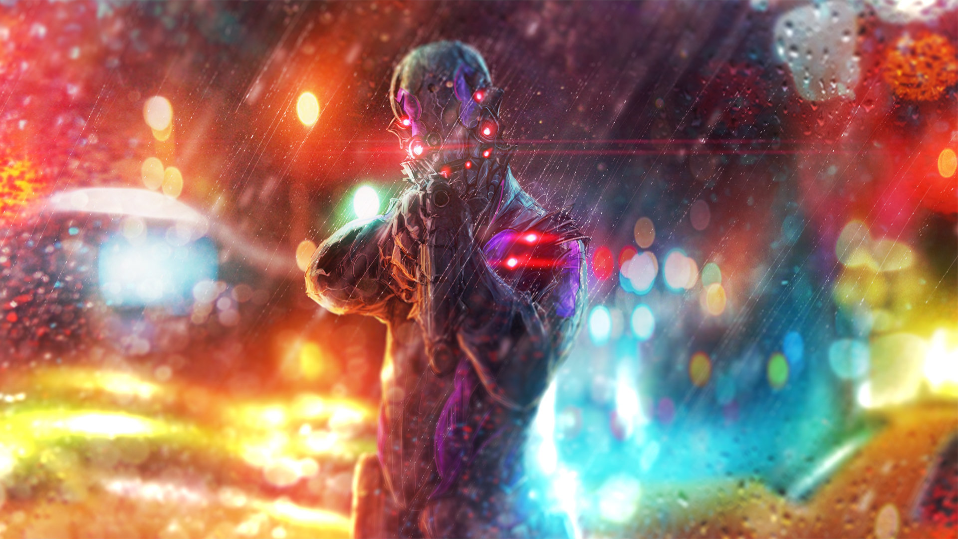 Cyberpunk character with glowing red eyes in the rain HD Wallpaper
