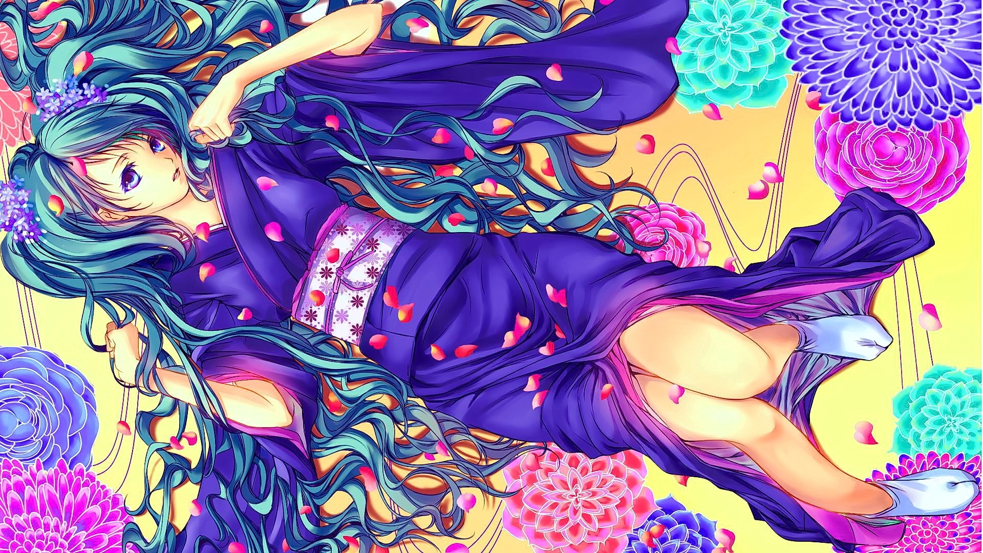 Anime girl in kimono with long blue hair and flowers HD Wallpaper