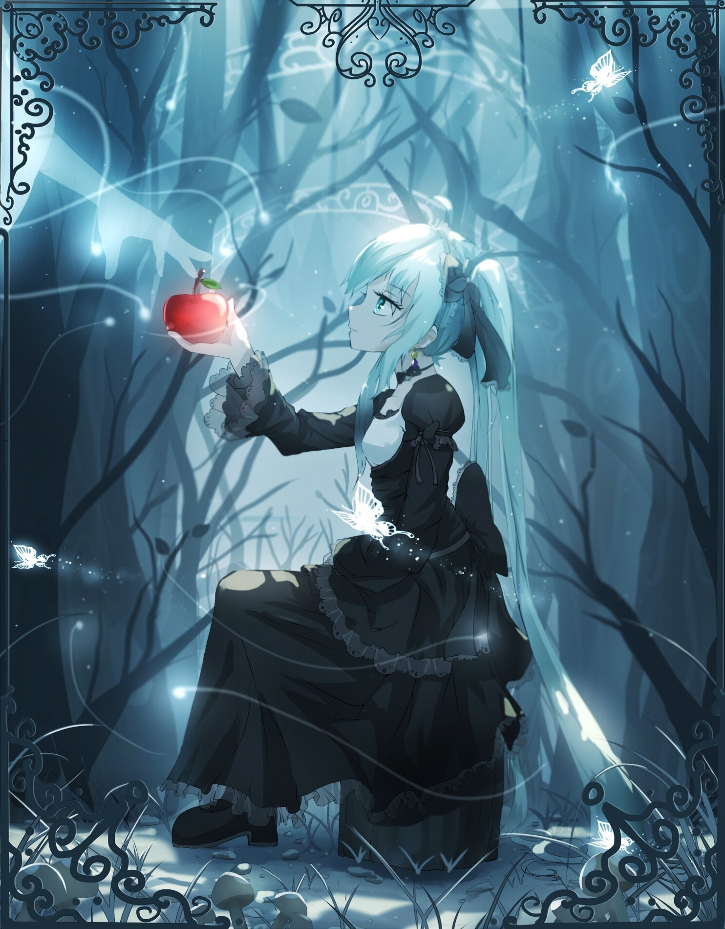 Hatsune Miku in a dark forest offering an apple HD Wallpaper