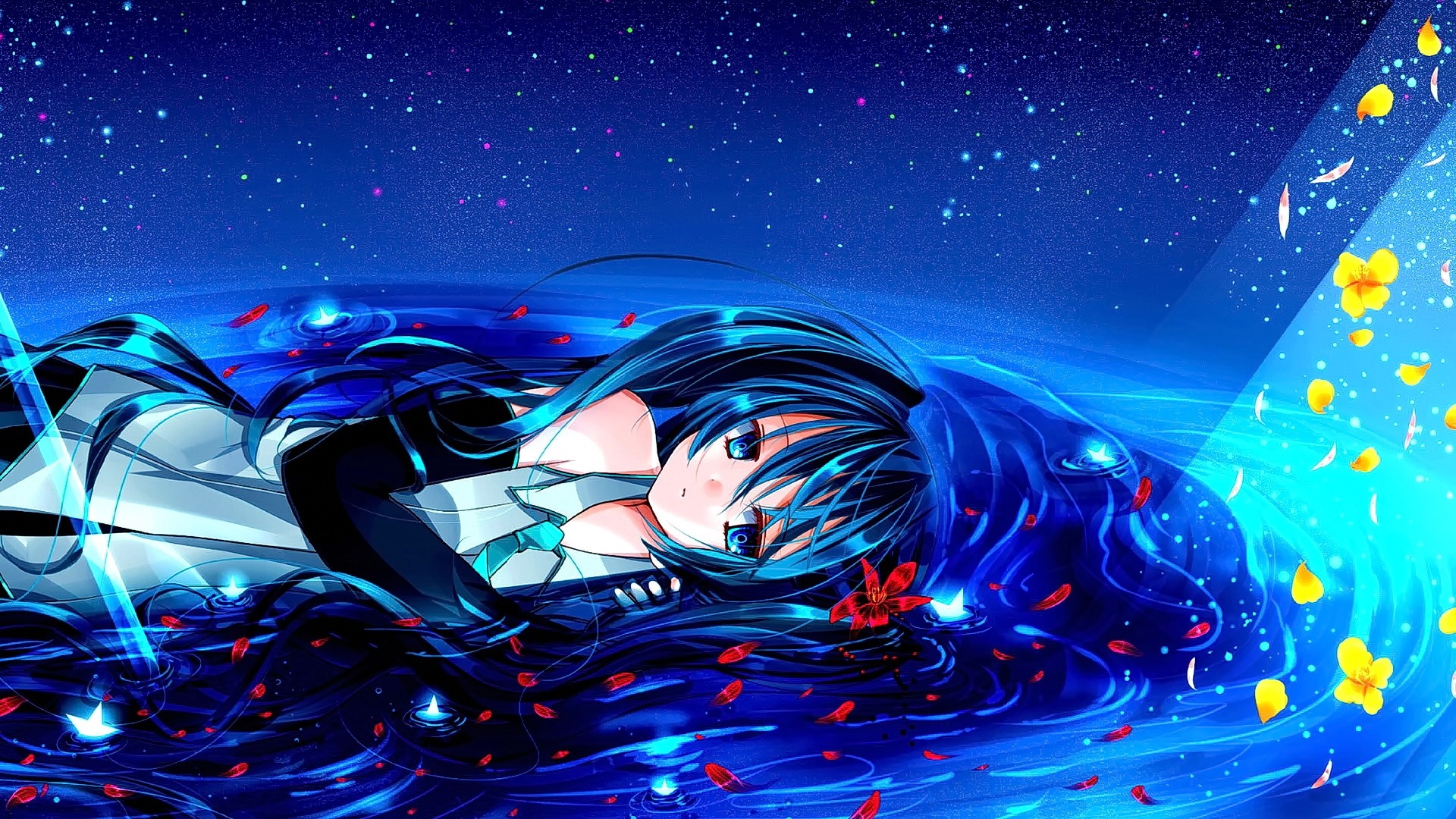 Anime girl with blue eyes lying in water HD Wallpaper