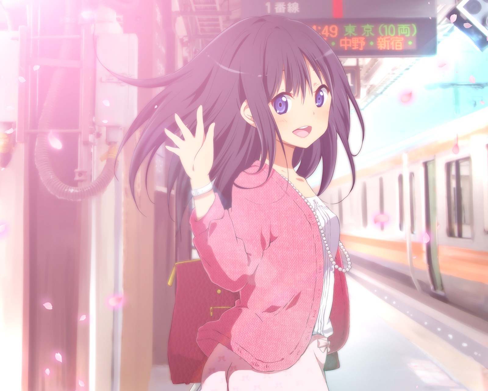 Anime girl with dark hair at a train station HD Wallpaper
