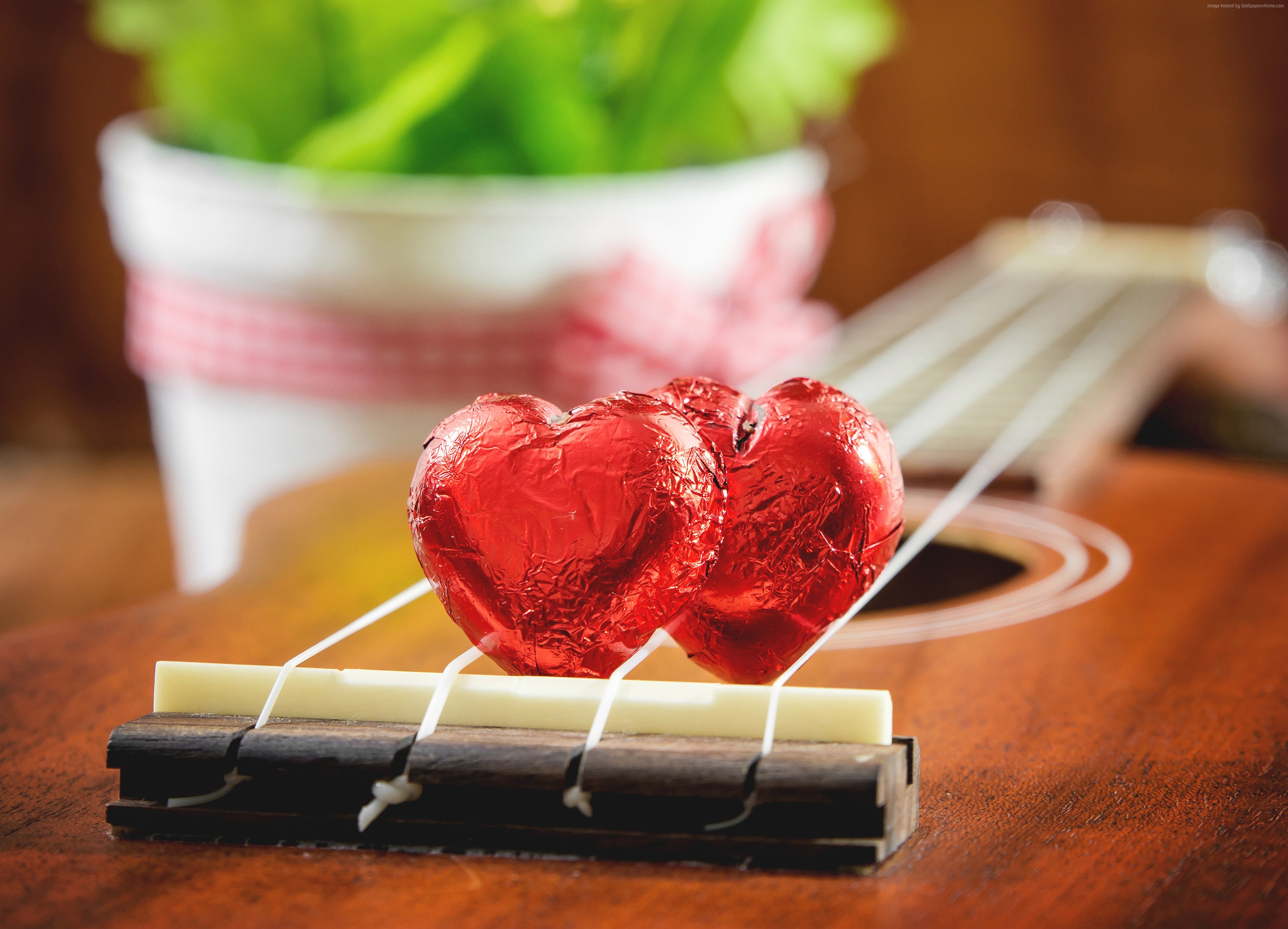 Two red heart chocolates on guitar strings HD Wallpaper