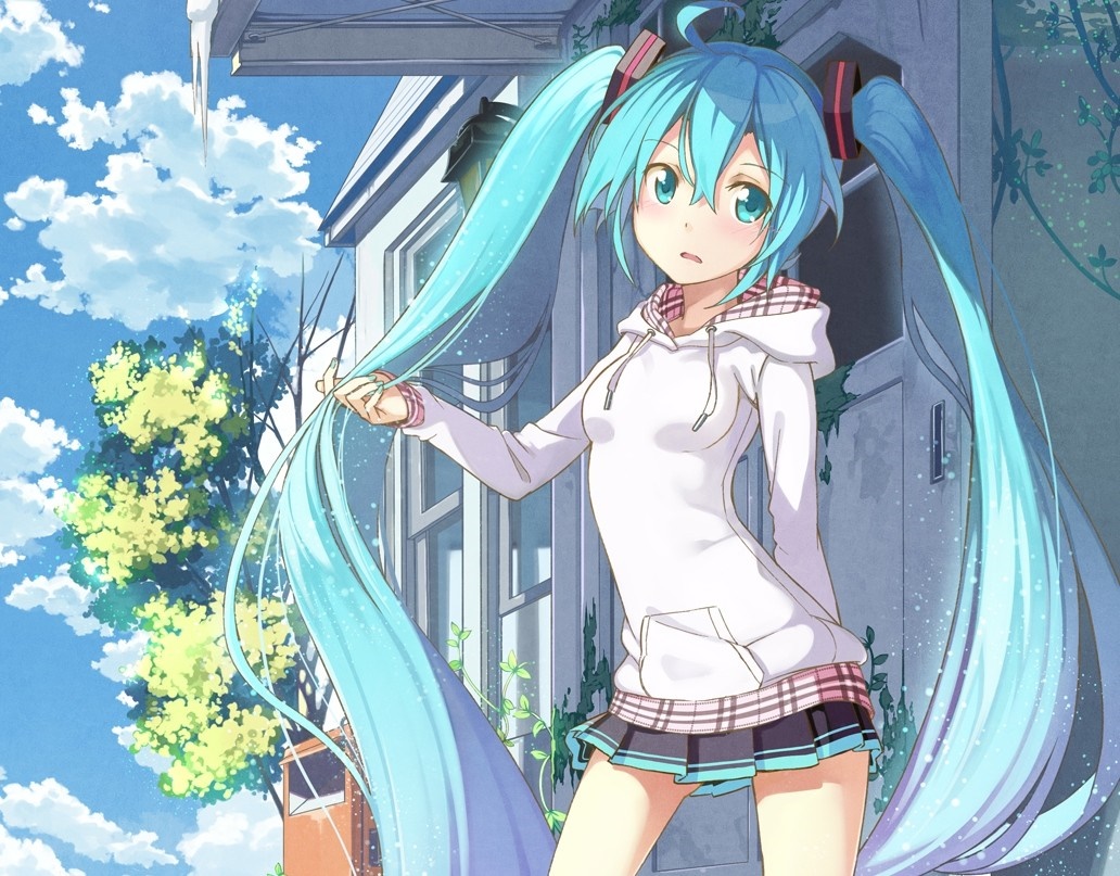 Hatsune Miku in a hoodie and skirt HD Wallpaper