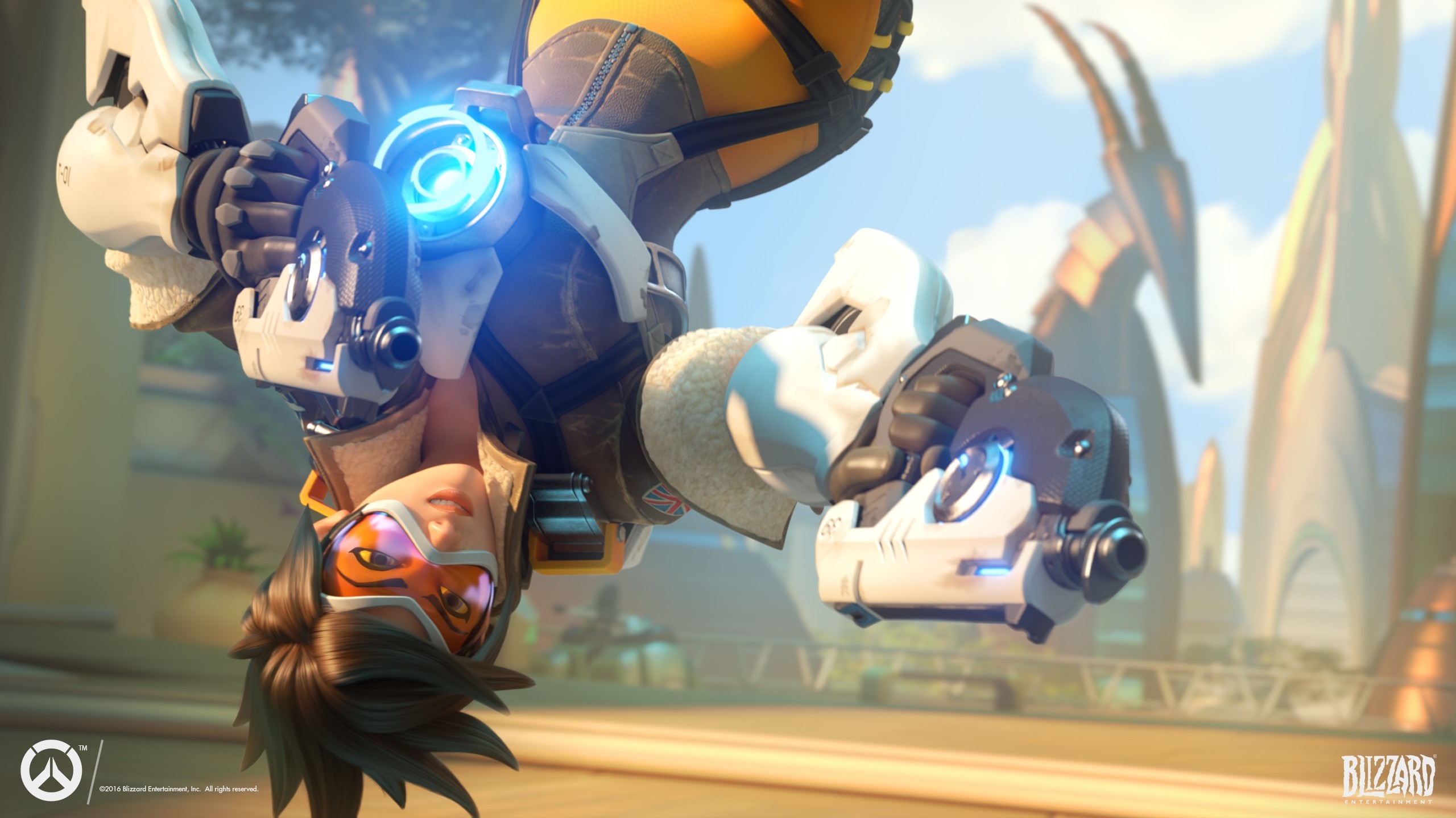 Tracer from Overwatch holding her pulse pistols HD Wallpaper