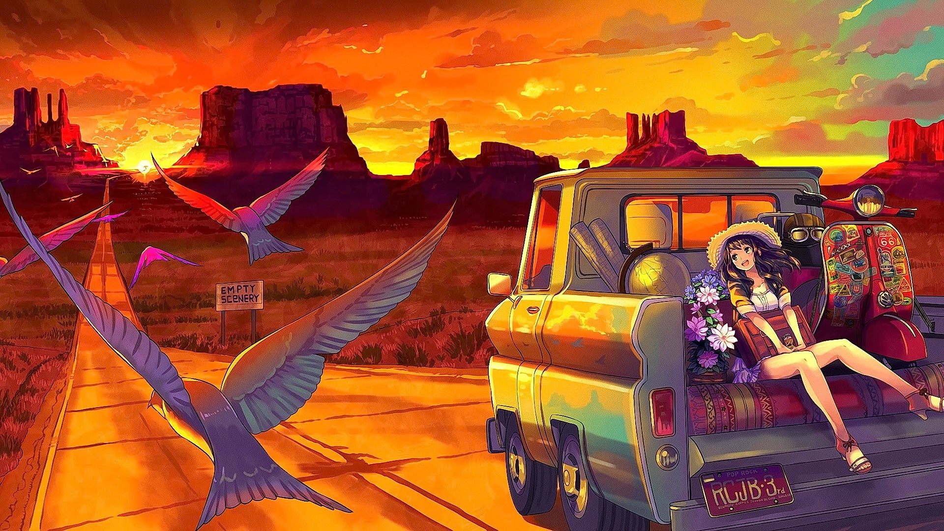 Anime girl on truck with scooter and birds at sunset HD Wallpaper