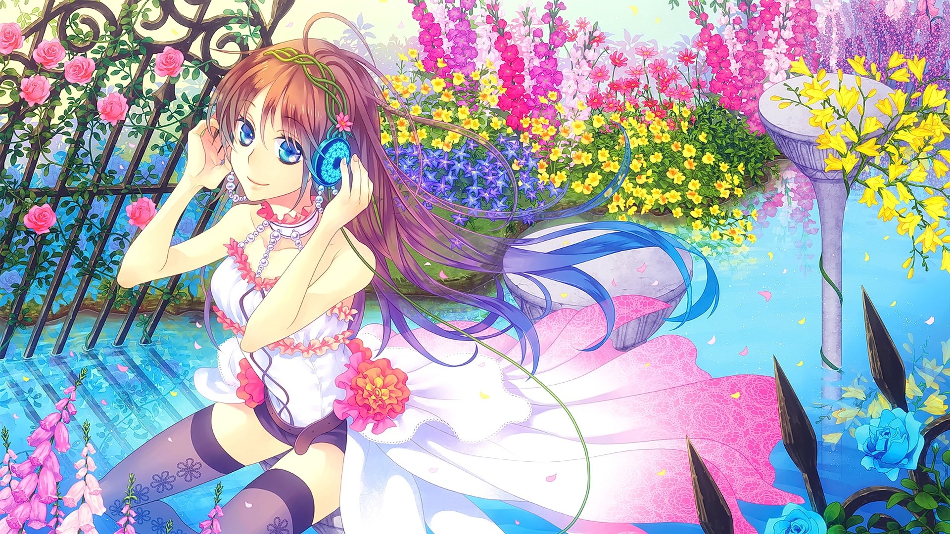 Anime girl with headphones in a flower garden HD Wallpaper