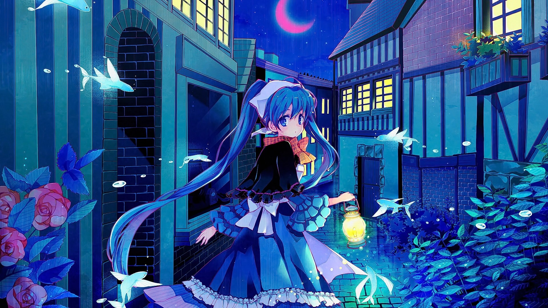 Anime girl with blue hair and lantern in a town HD Wallpaper
