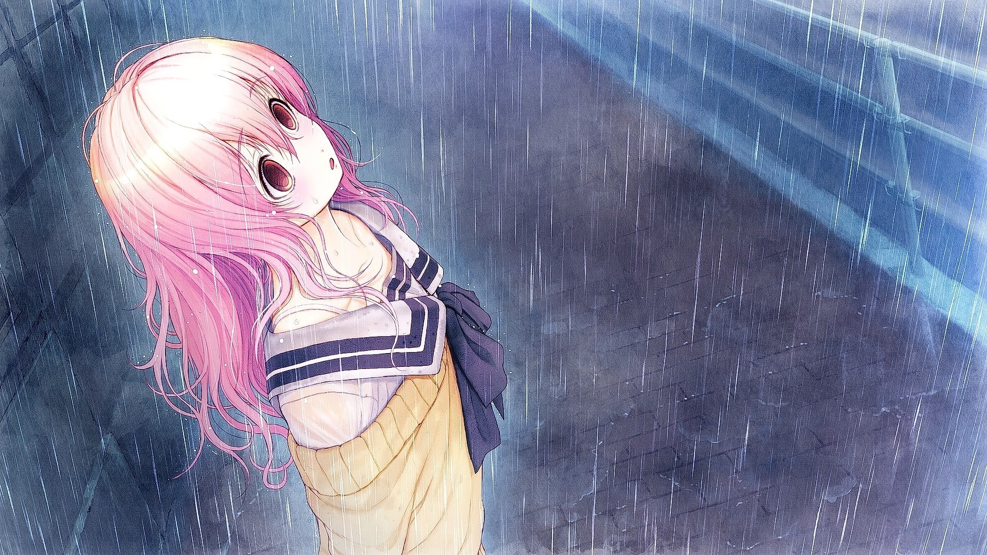 Anime girl with pink hair in the rain HD Wallpaper