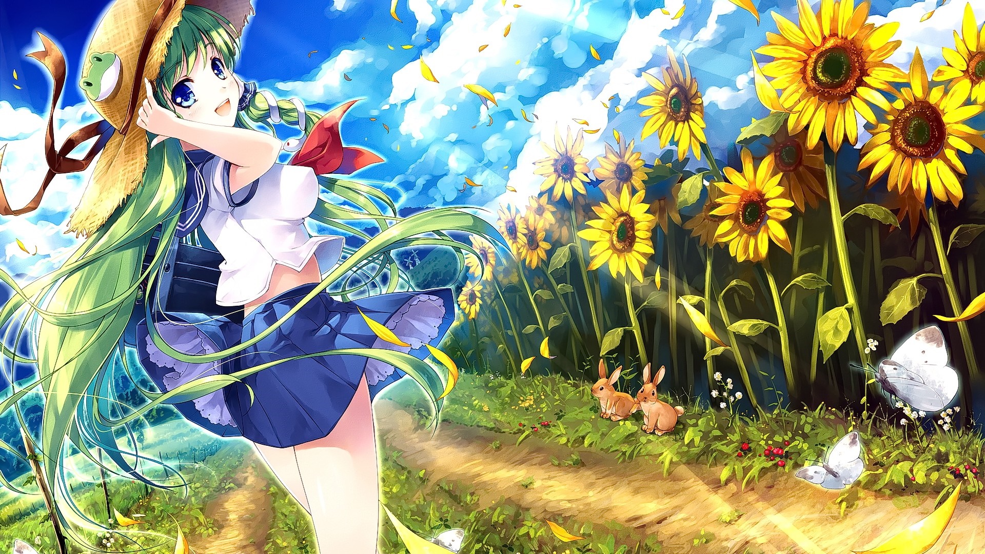 Anime girl with green hair in a sunflower field HD Wallpaper