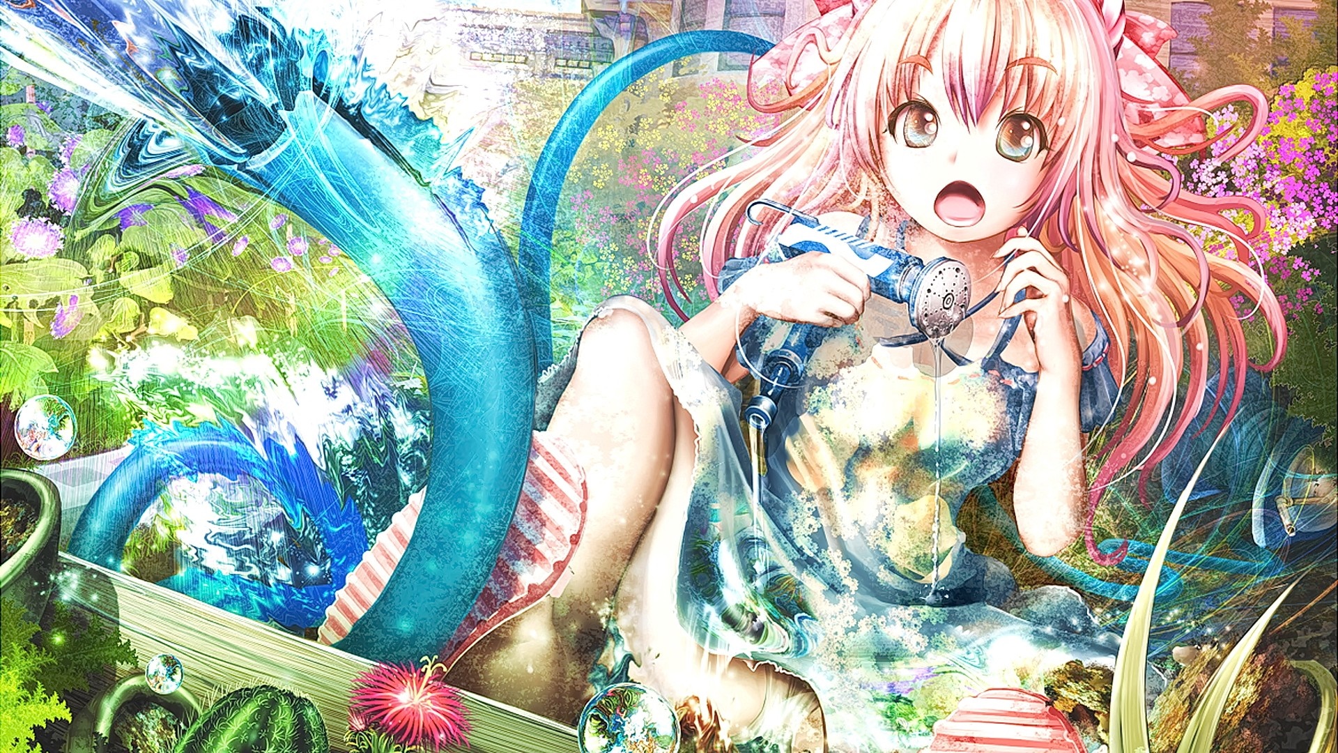 Anime girl with pink hair holding a fishing rod HD Wallpaper