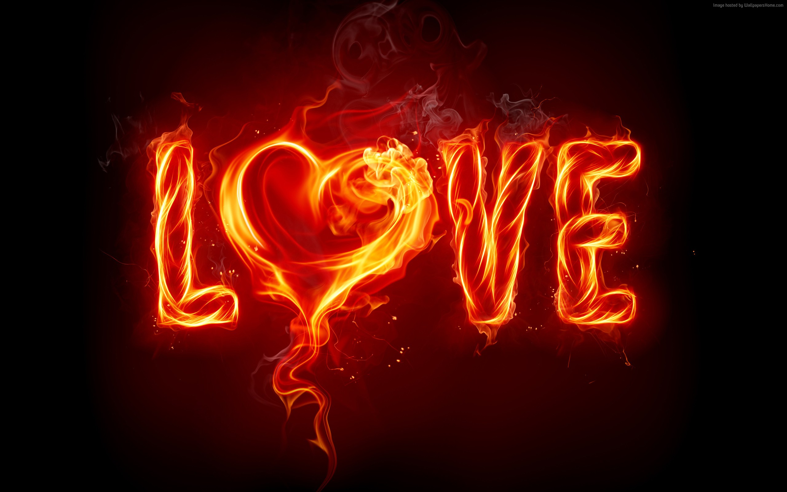 Fiery LOVE text with a heart HD Wallpaper