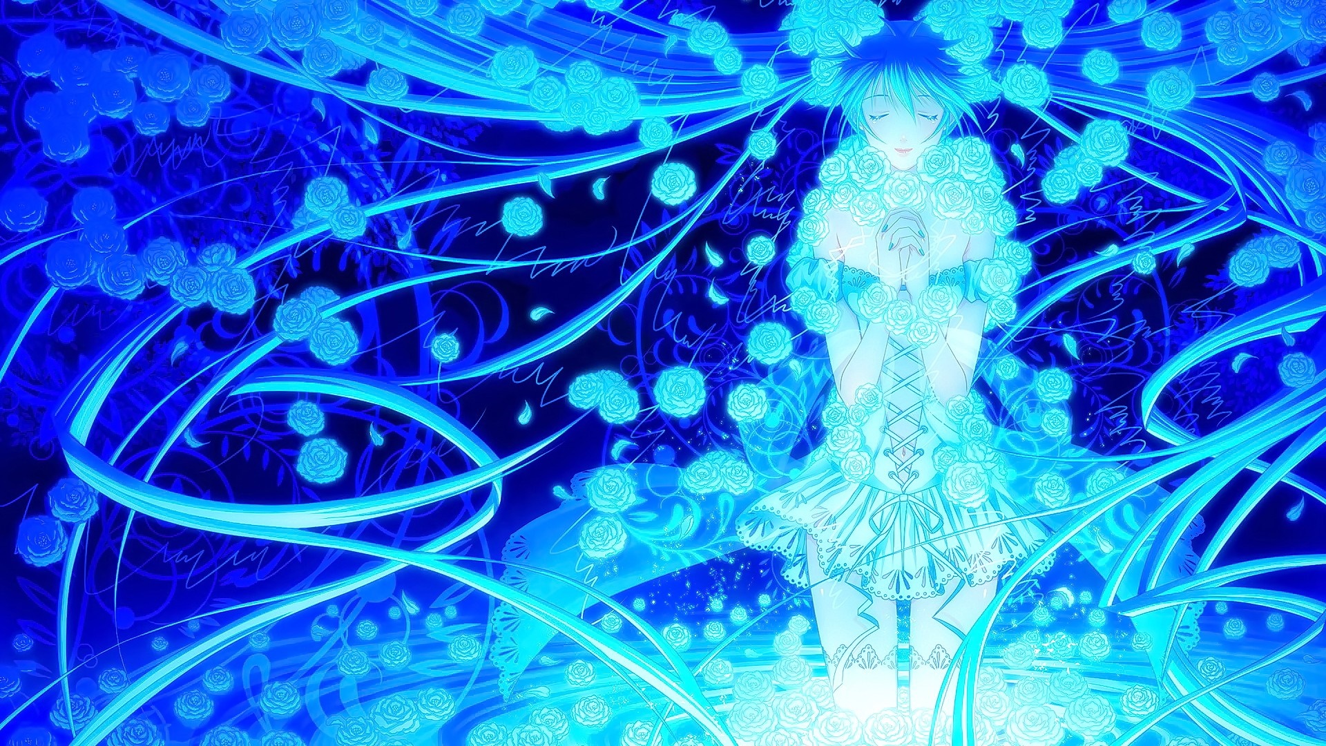 Hatsune Miku surrounded by blue roses and swirling patterns HD Wallpaper