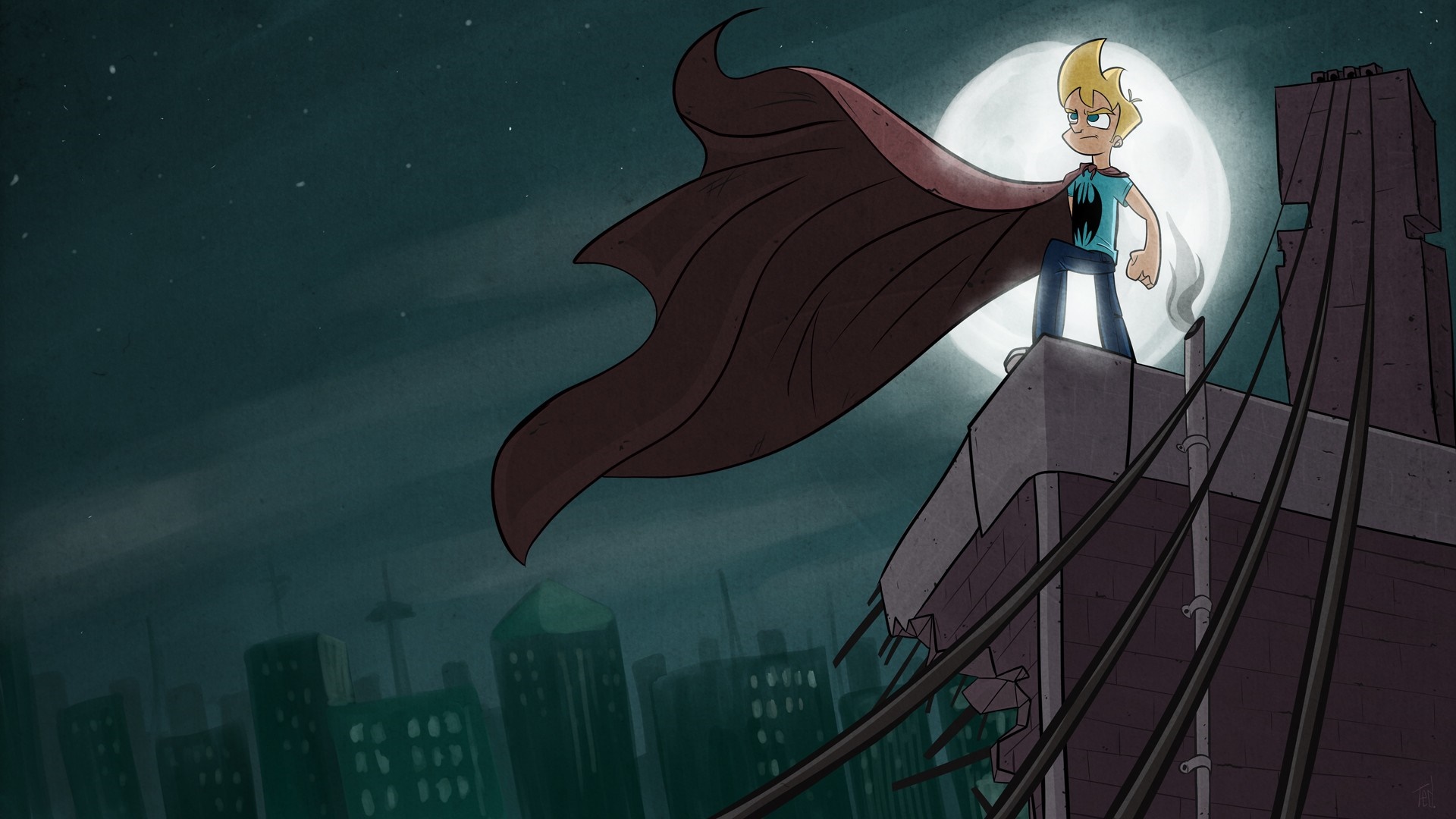 Boy with cape standing on a building at night HD Wallpaper