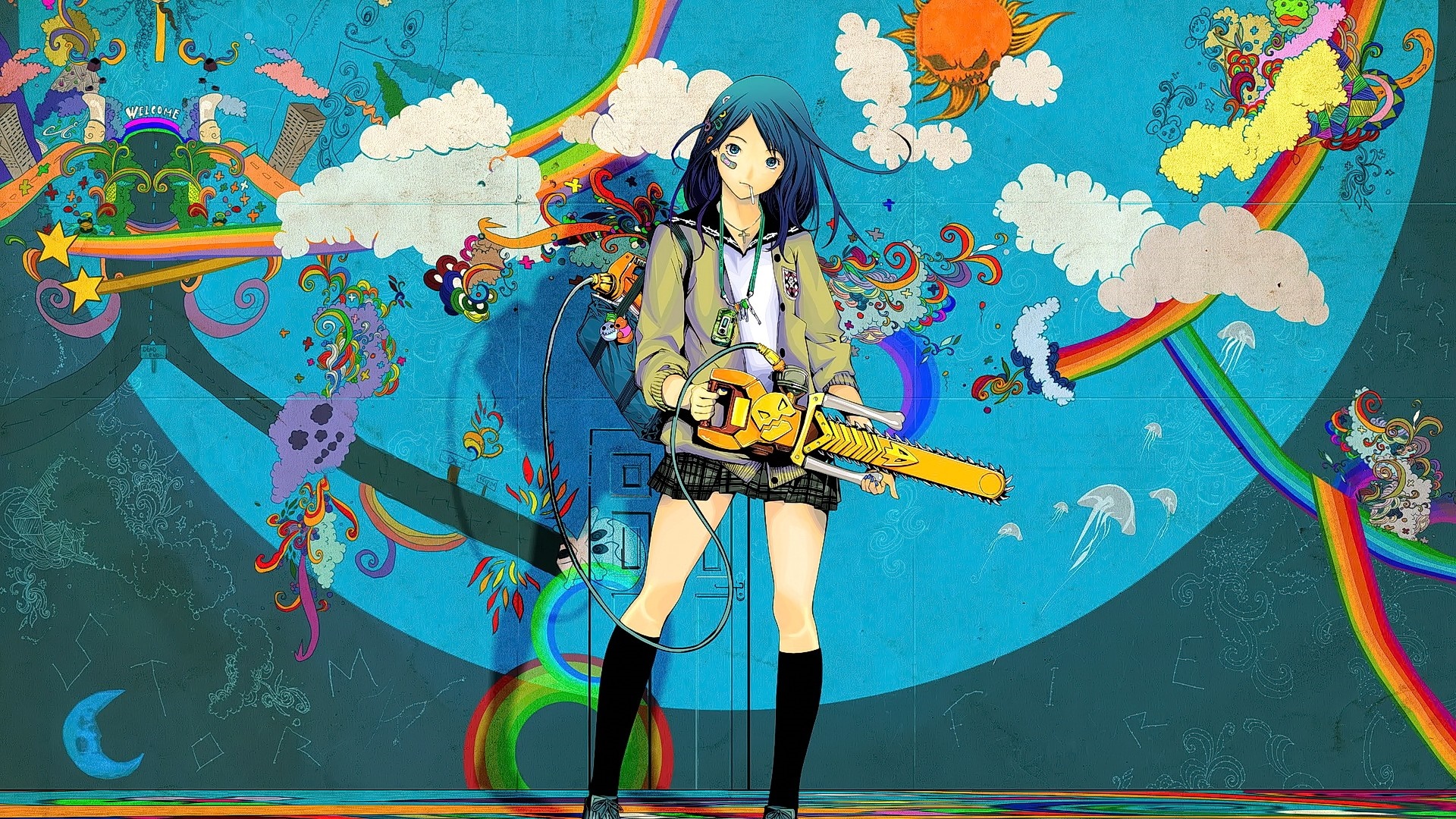 Anime girl with chainsaw on colorful background HD Wallpaper