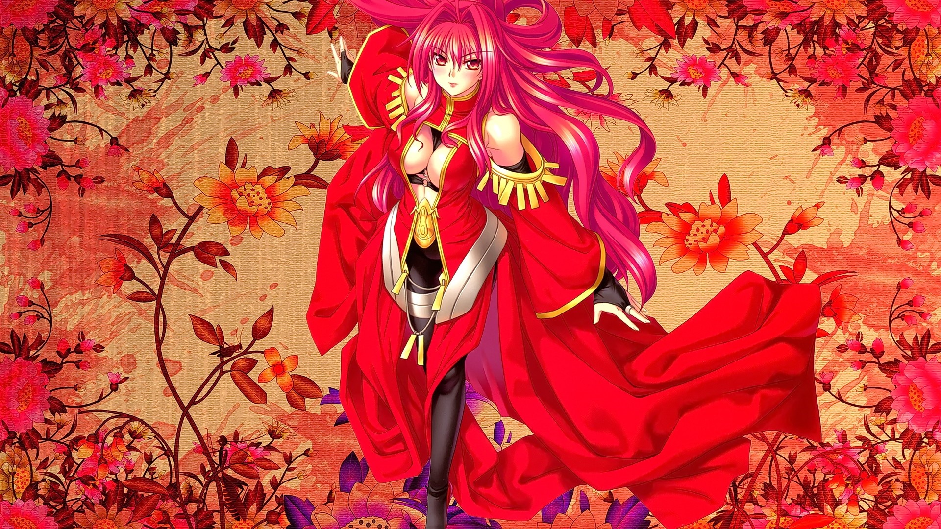 Anime girl with pink hair in a red dress HD Wallpaper