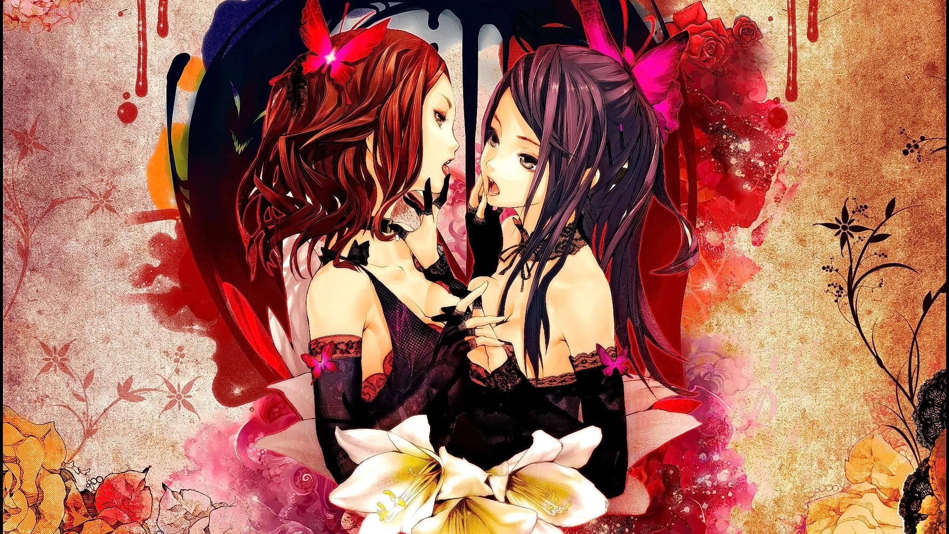 Two anime girls with butterflies and flowers HD Wallpaper