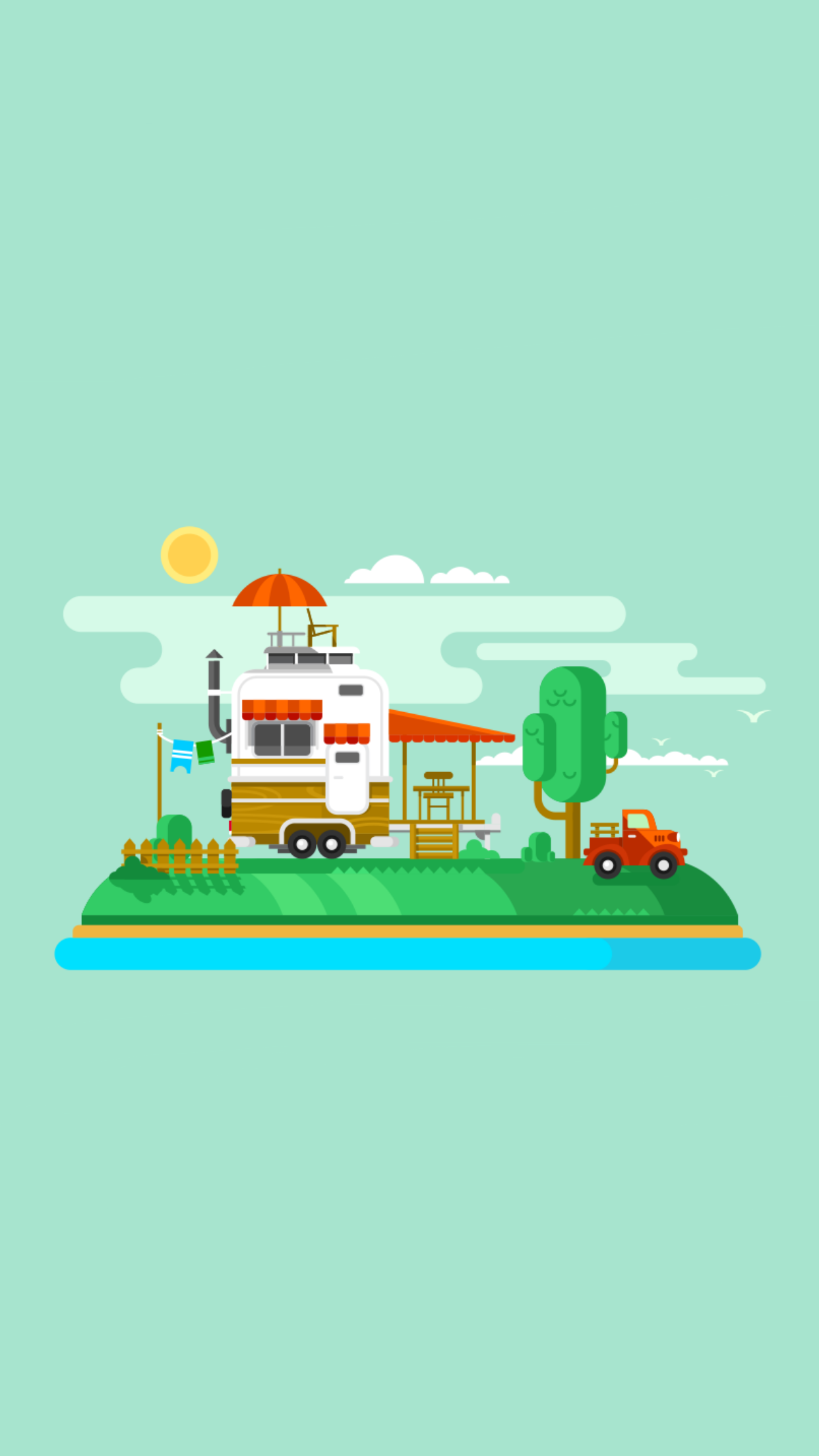 Illustration of a camper van by a river HD Wallpaper