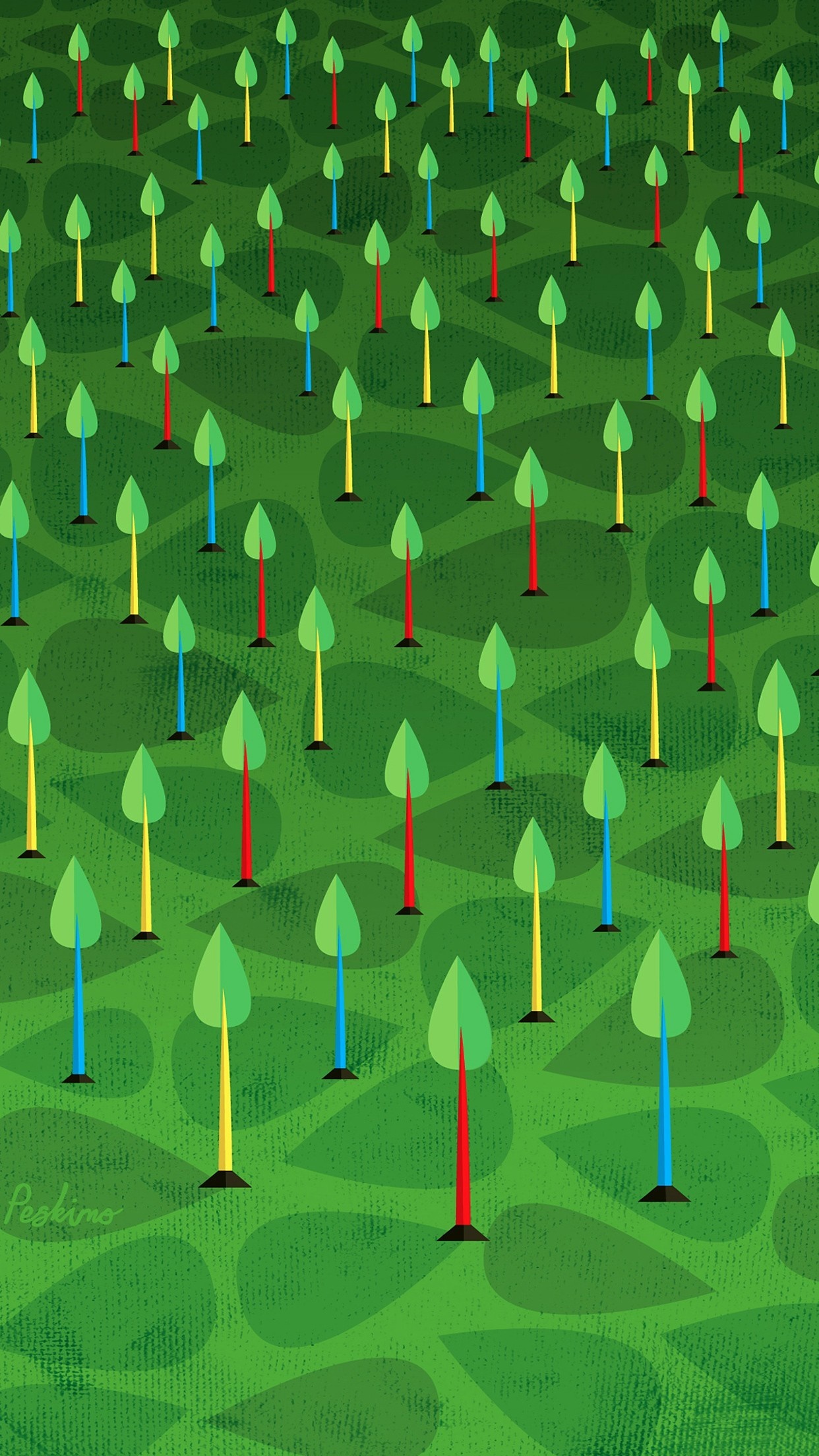 Minimalist trees with green leaves on a textured green field HD Wallpaper