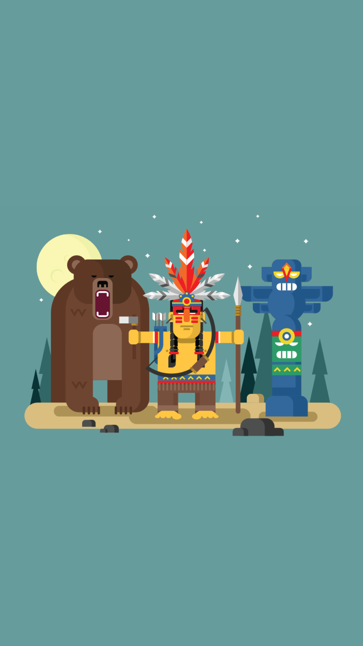 Native American man with bear and totem pole HD Wallpaper